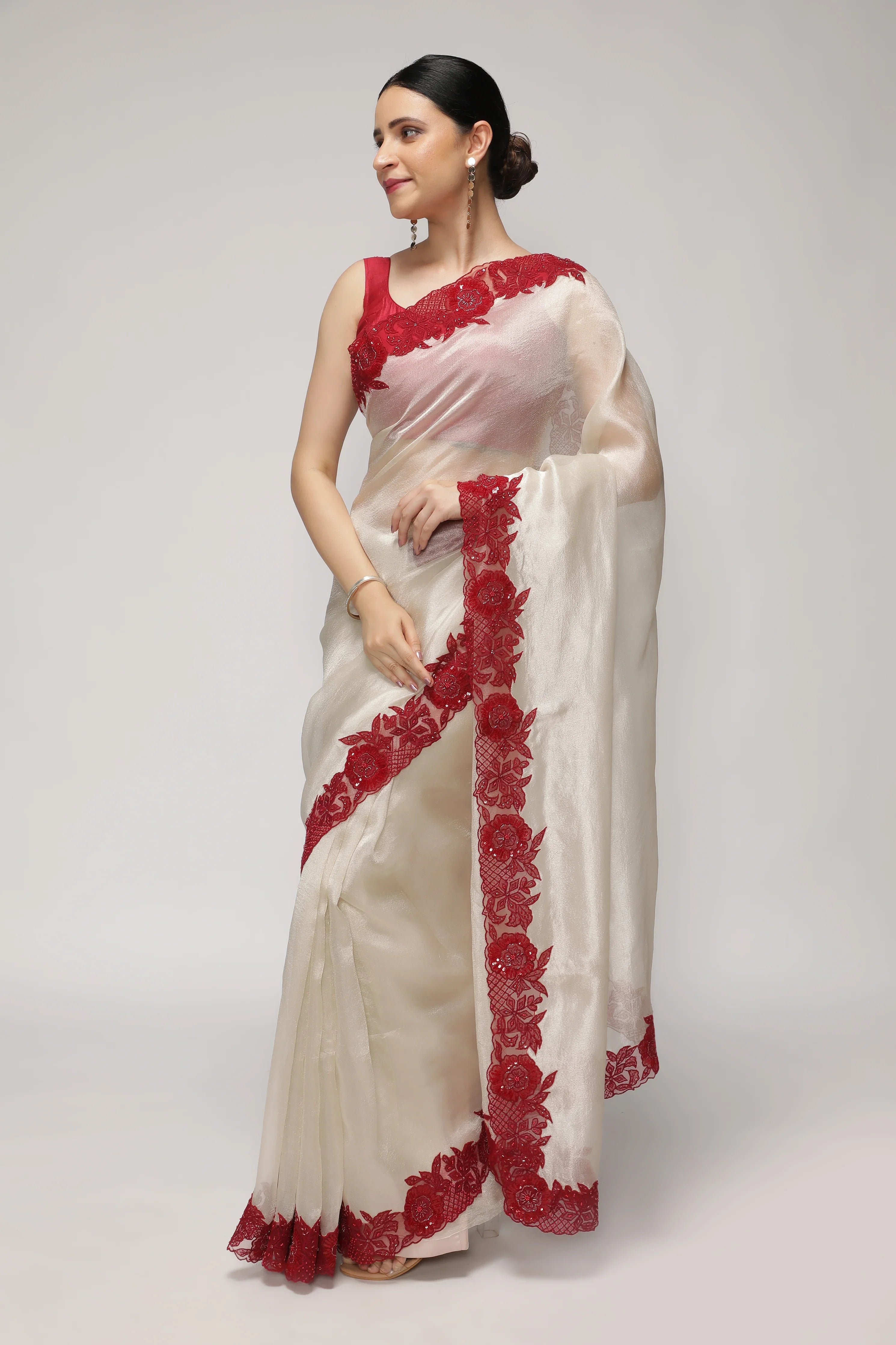 Silver Tissue Saree with Contrast Red Net Embroidery Border - Mokshaa