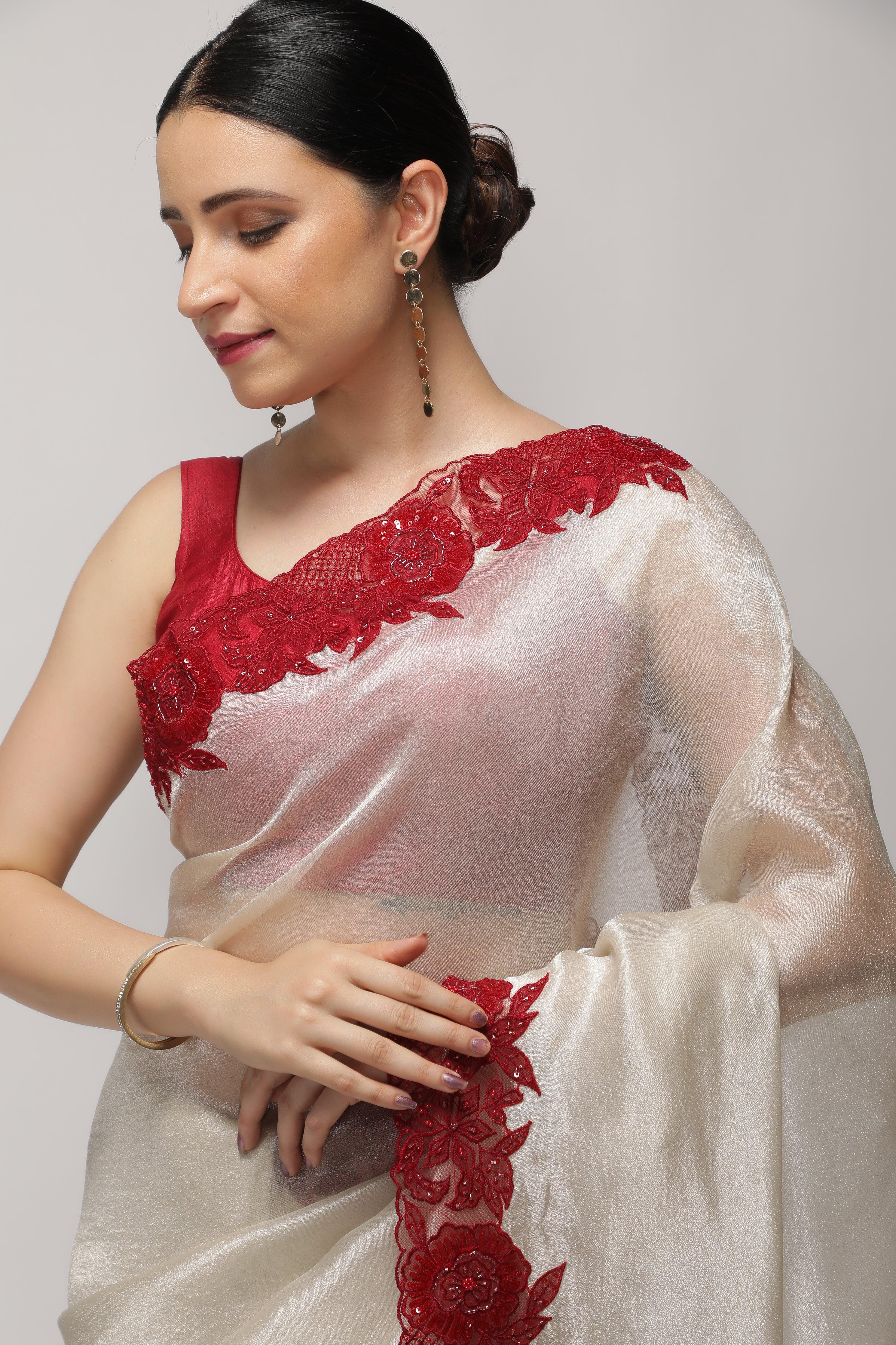 Silver Tissue Saree with Contrast Red Net Embroidery Border - Mokshaa