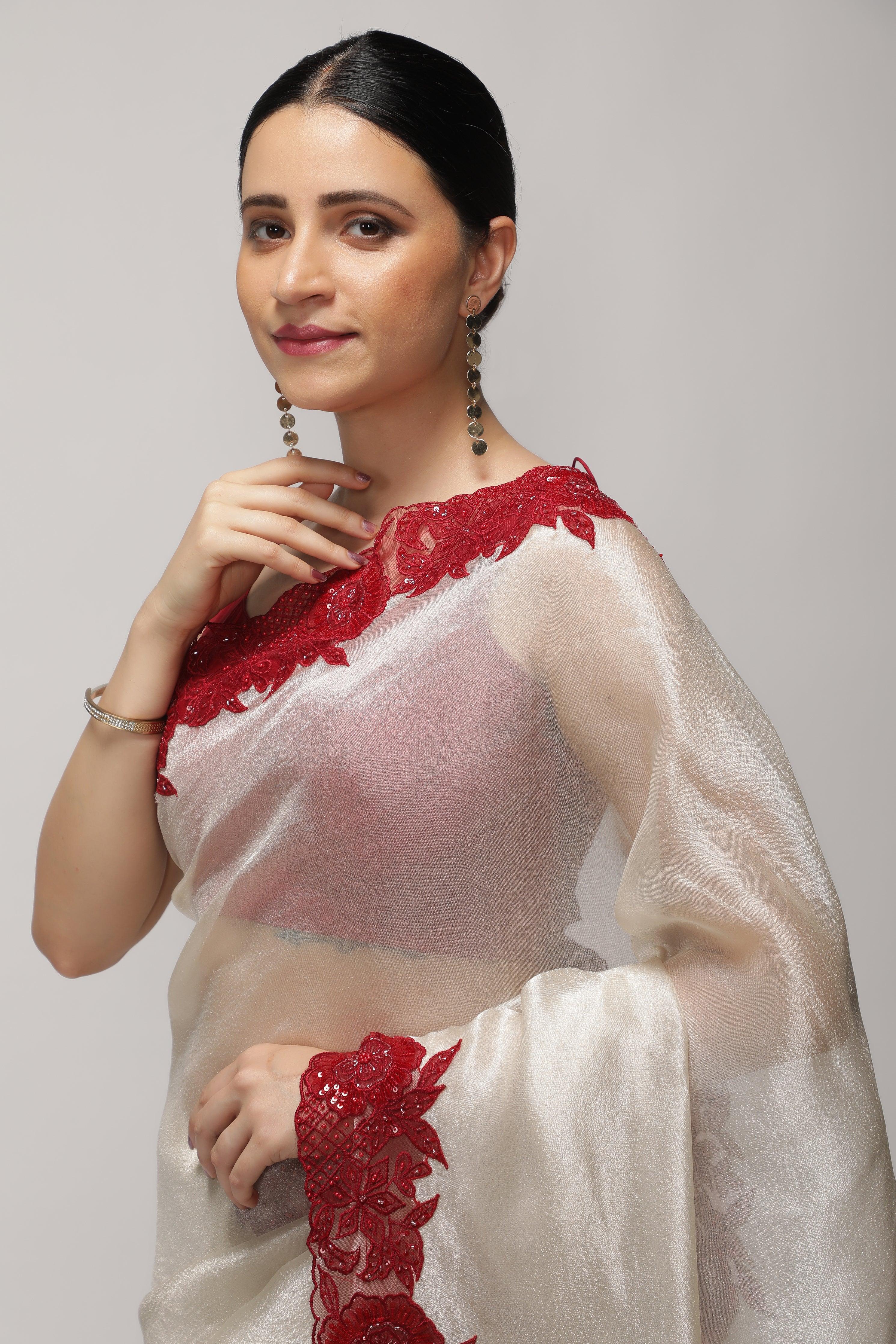 Silver Tissue Saree with Contrast Red Net Embroidery Border - Mokshaa