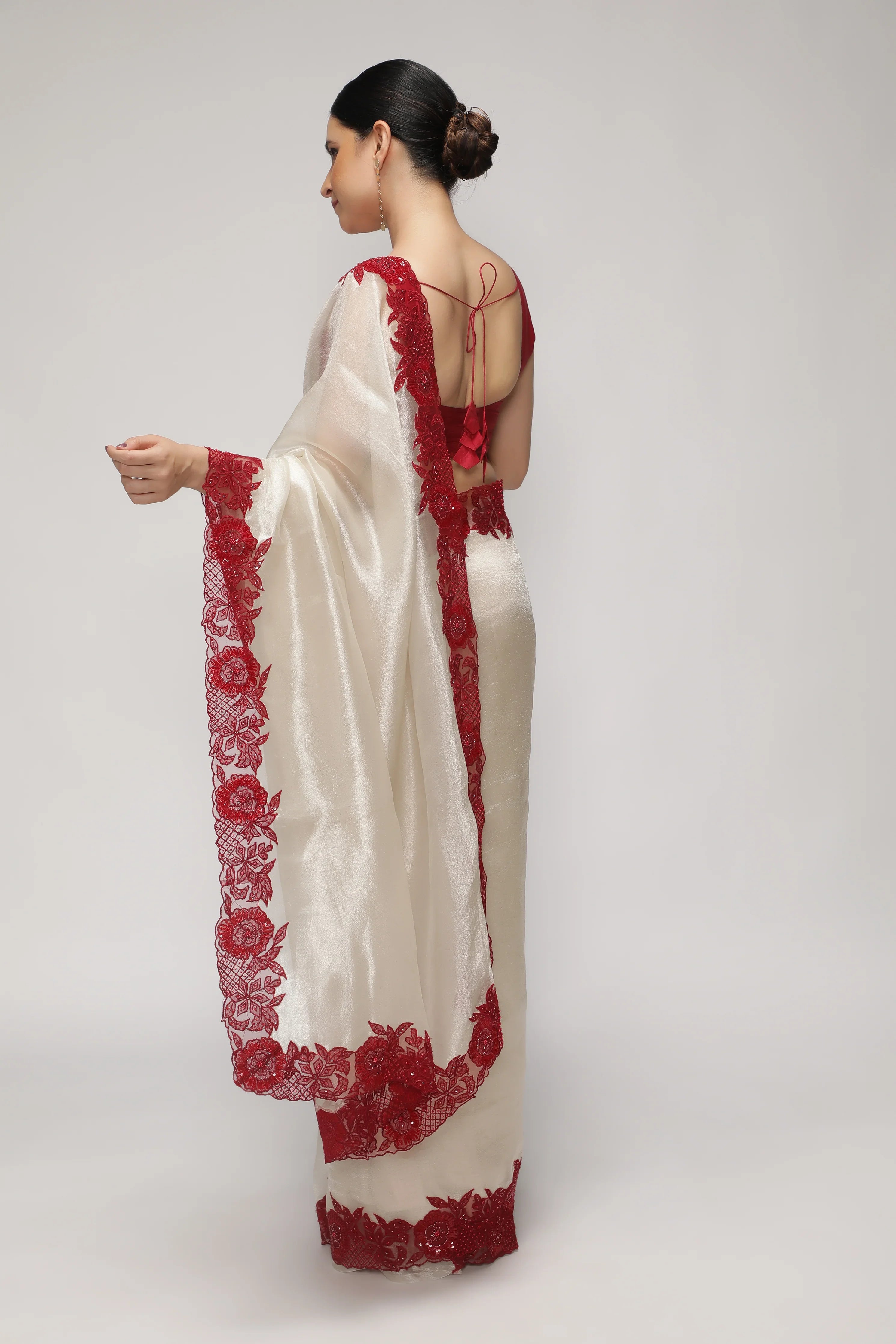 Silver Tissue Saree with Contrast Red Net Embroidery Border - Mokshaa