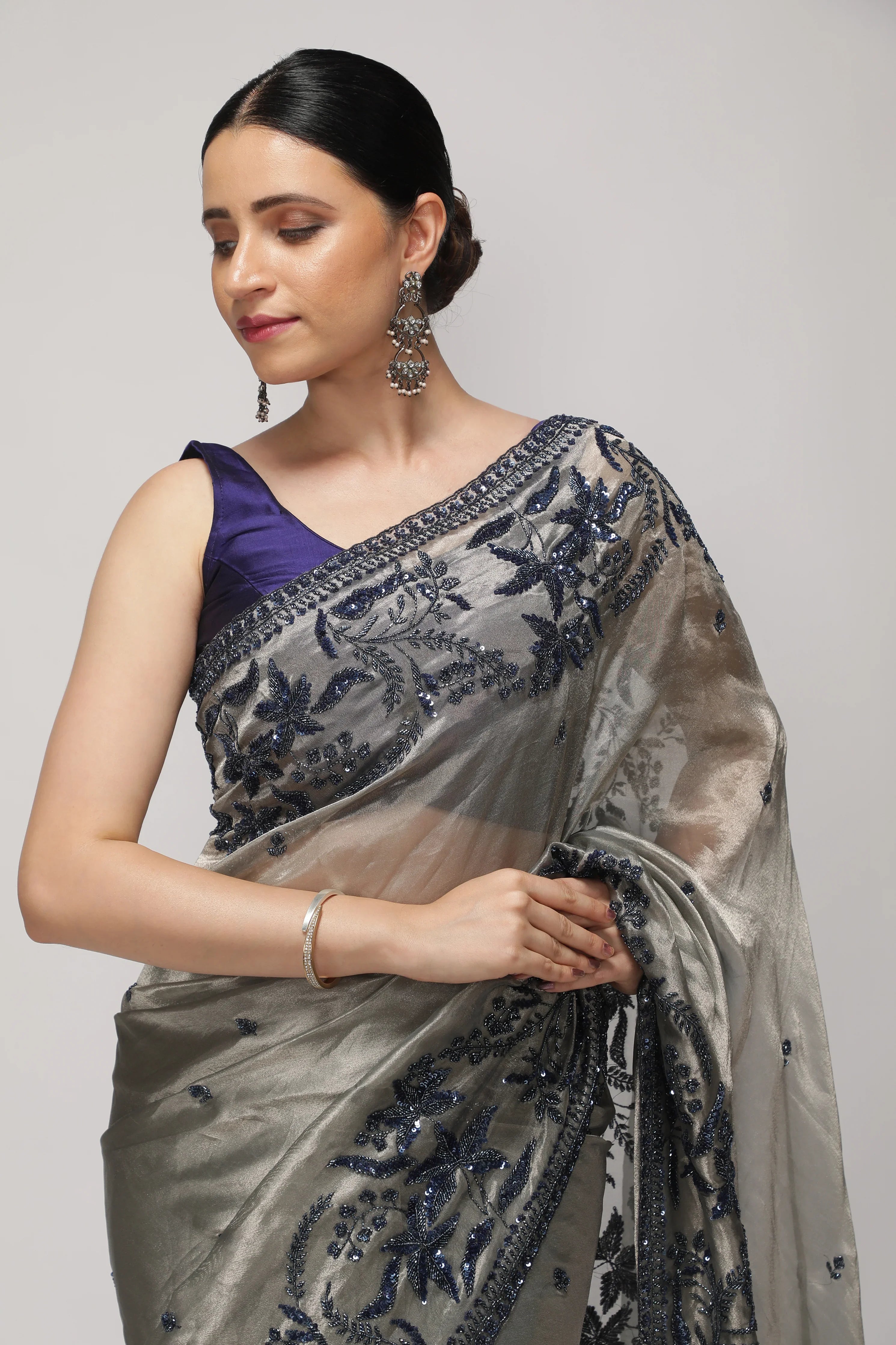 Muted Silver Tissue Saree with Blue Sequin & Bead Embroidery - Mokshaa