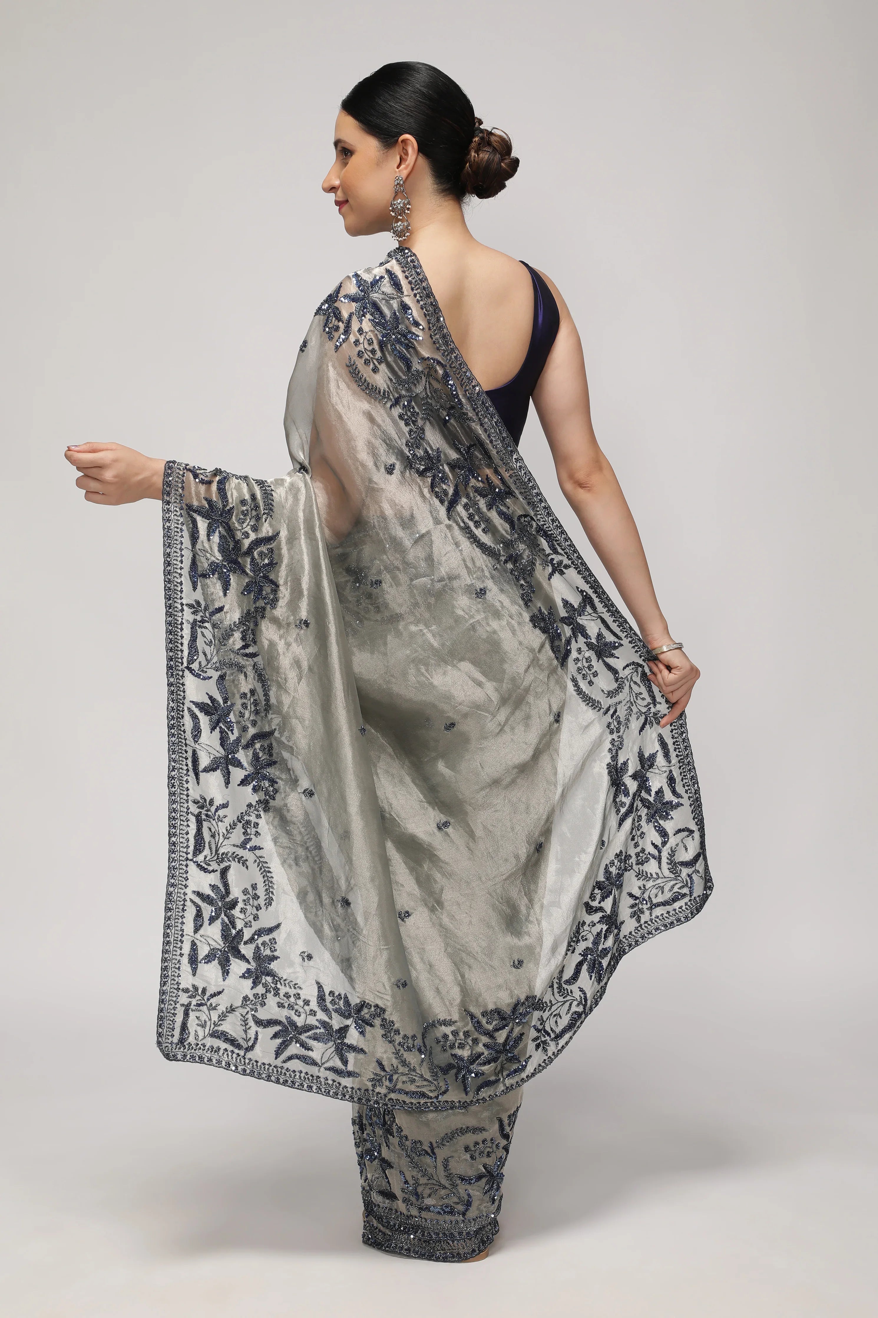 Muted Silver Tissue Saree with Blue Sequin & Bead Embroidery - Mokshaa
