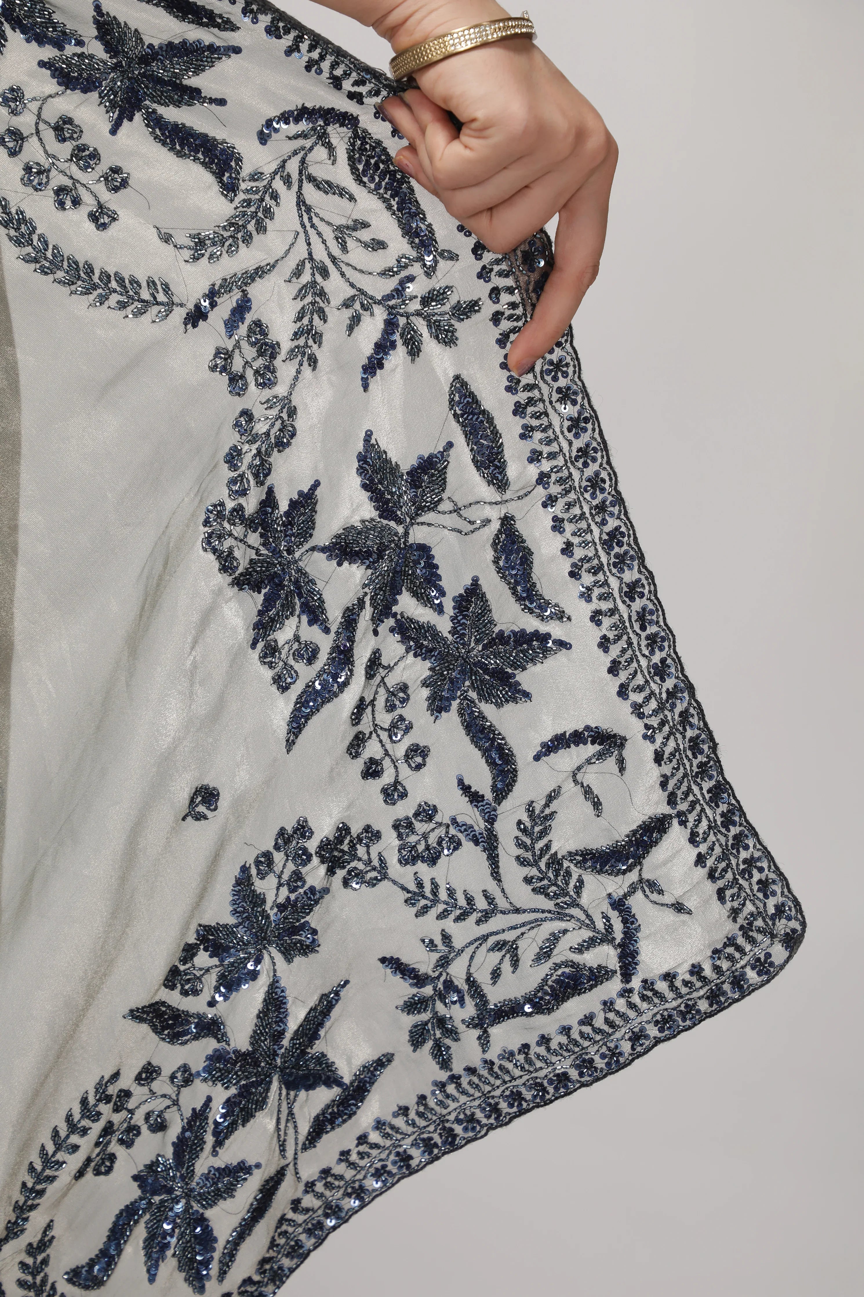 Muted Silver Tissue Saree with Blue Sequin & Bead Embroidery - Mokshaa