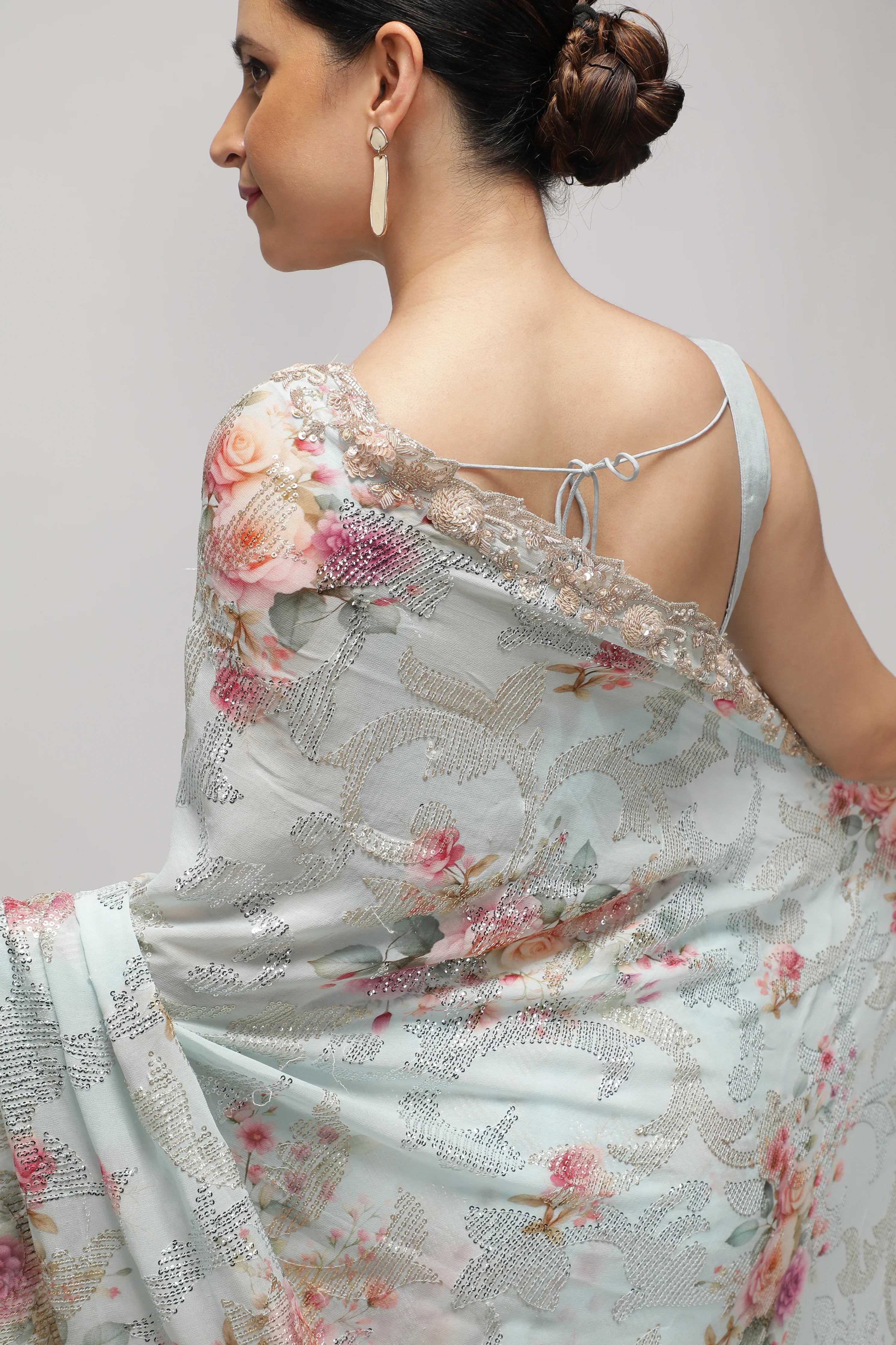 Sky Blue Georgette Saree with All-Over Print, Sequins & Scallop Border - Mokshaa