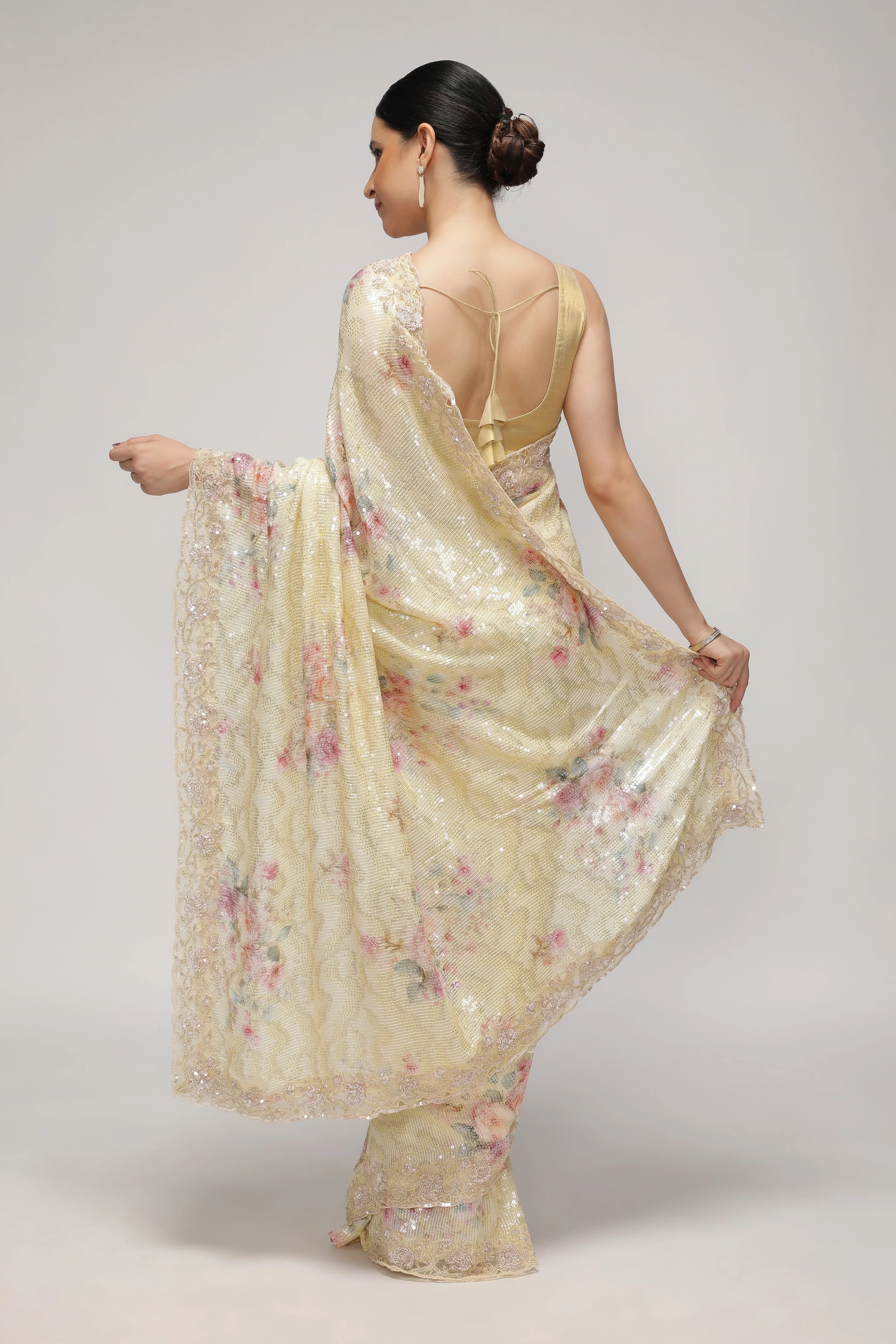 Pastel Lime Georgette Saree with Floral Print, Sequins & Cut Work Border - Mokshaa