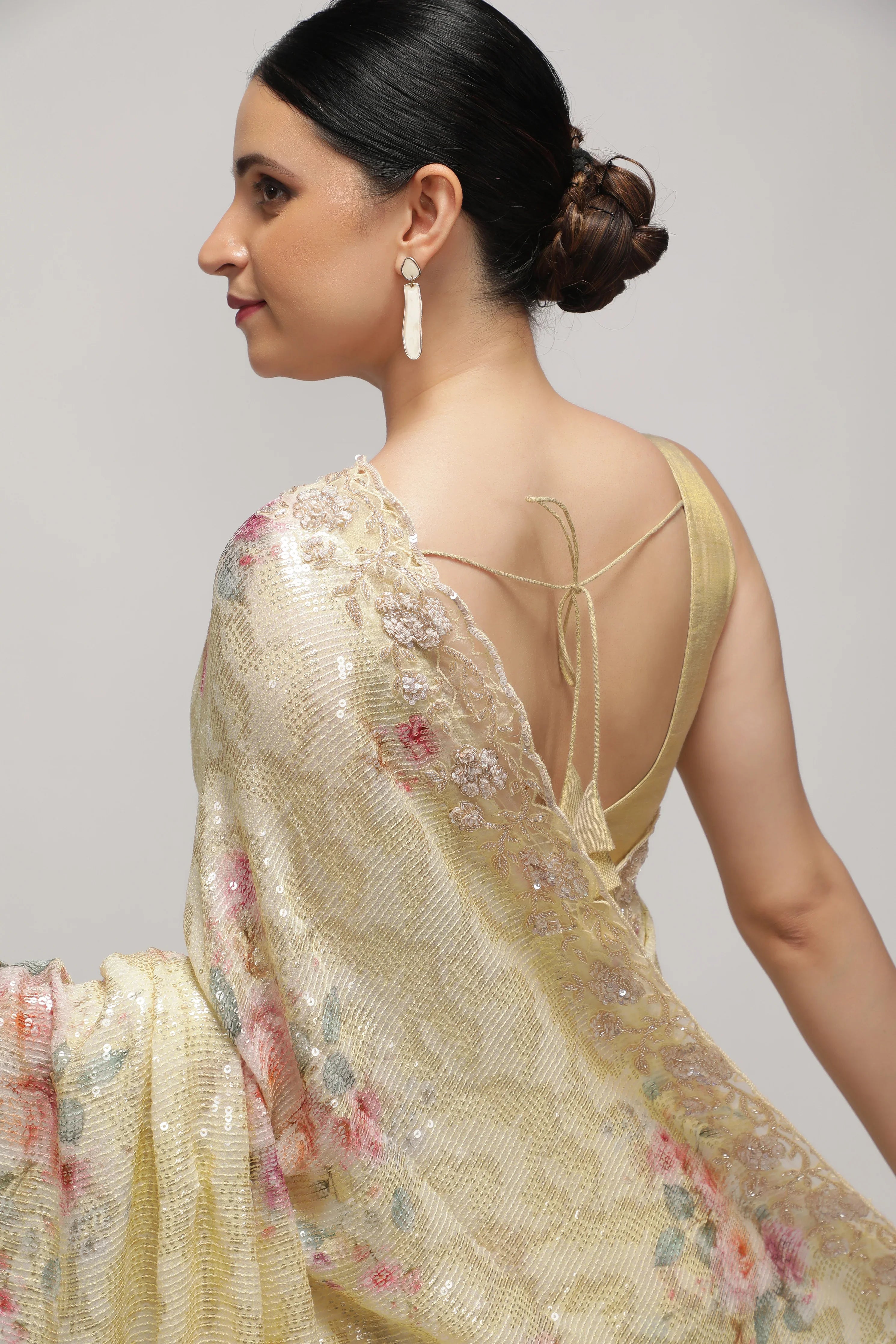 Pastel Lime Georgette Saree with Floral Print, Sequins & Cut Work Border - Mokshaa