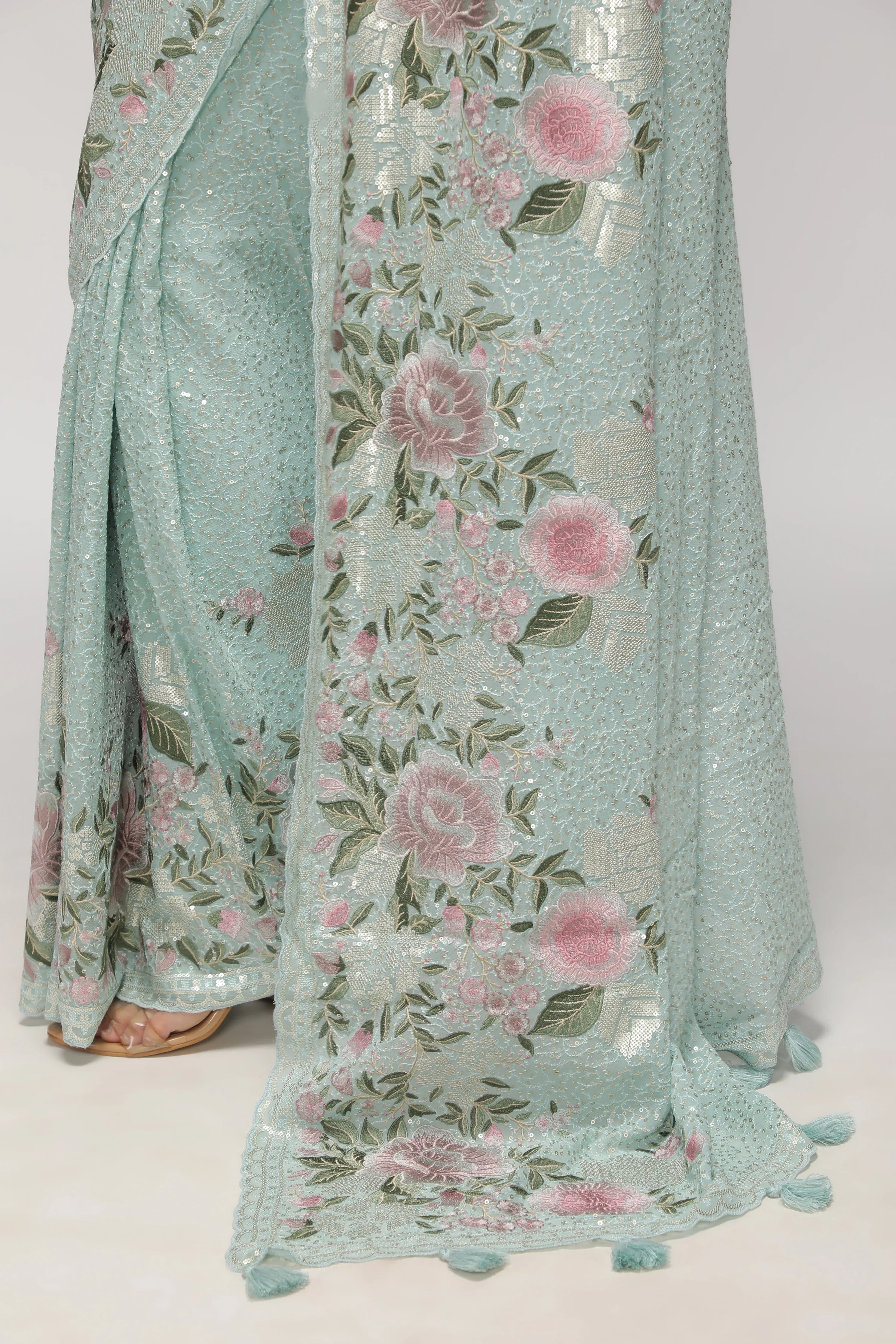 Sea Blue Georgette Saree with All-Over Sequins Body & Embroidered Border - Mokshaa
