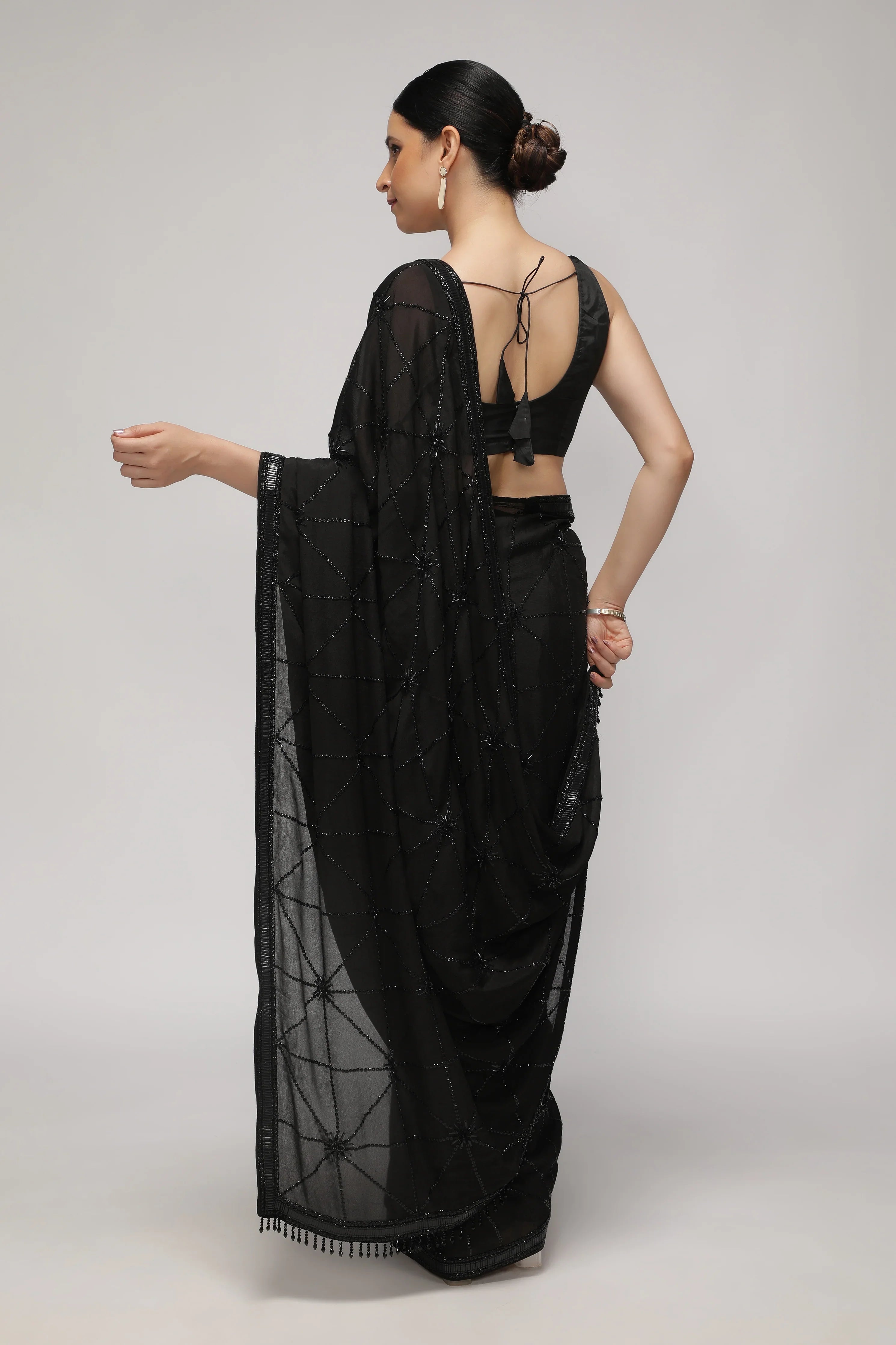 Black Crepe Chiffon Saree with All-Over Sequin Work - Mokshaa