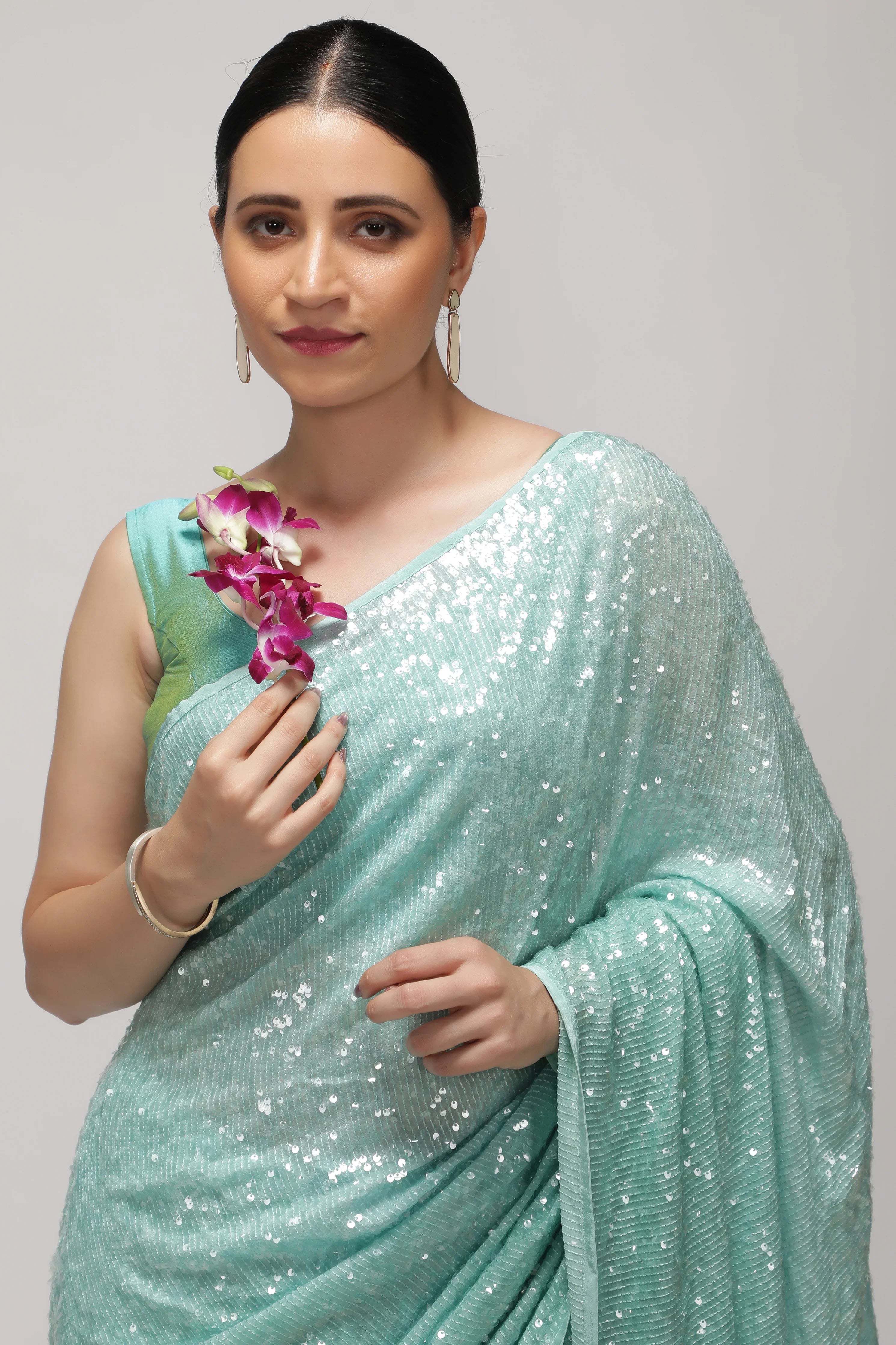 Aqua Blue Georgette Saree with Self Sequins & Thread Work - Mokshaa