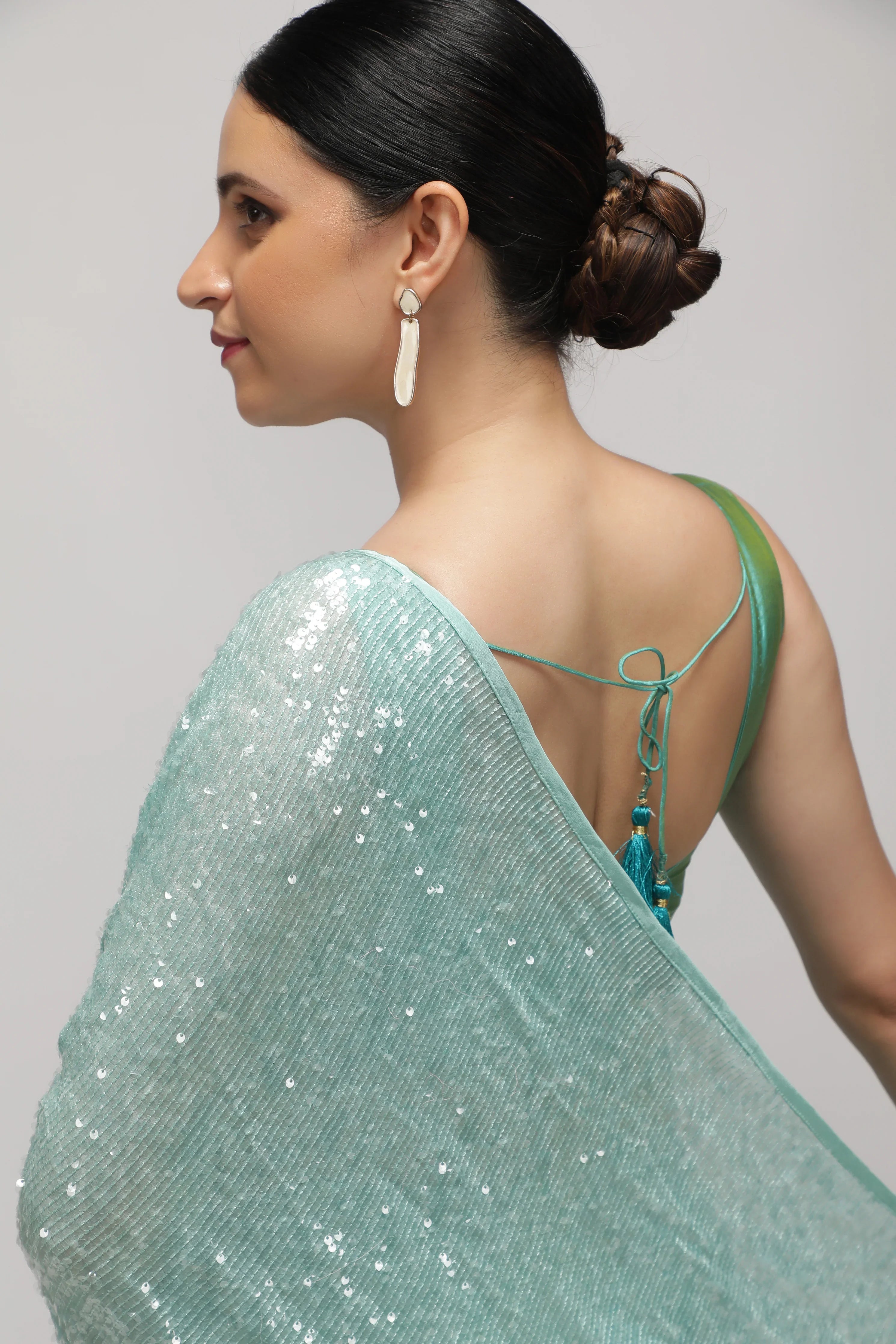 Aqua Blue Georgette Saree with Self Sequins & Thread Work - Mokshaa