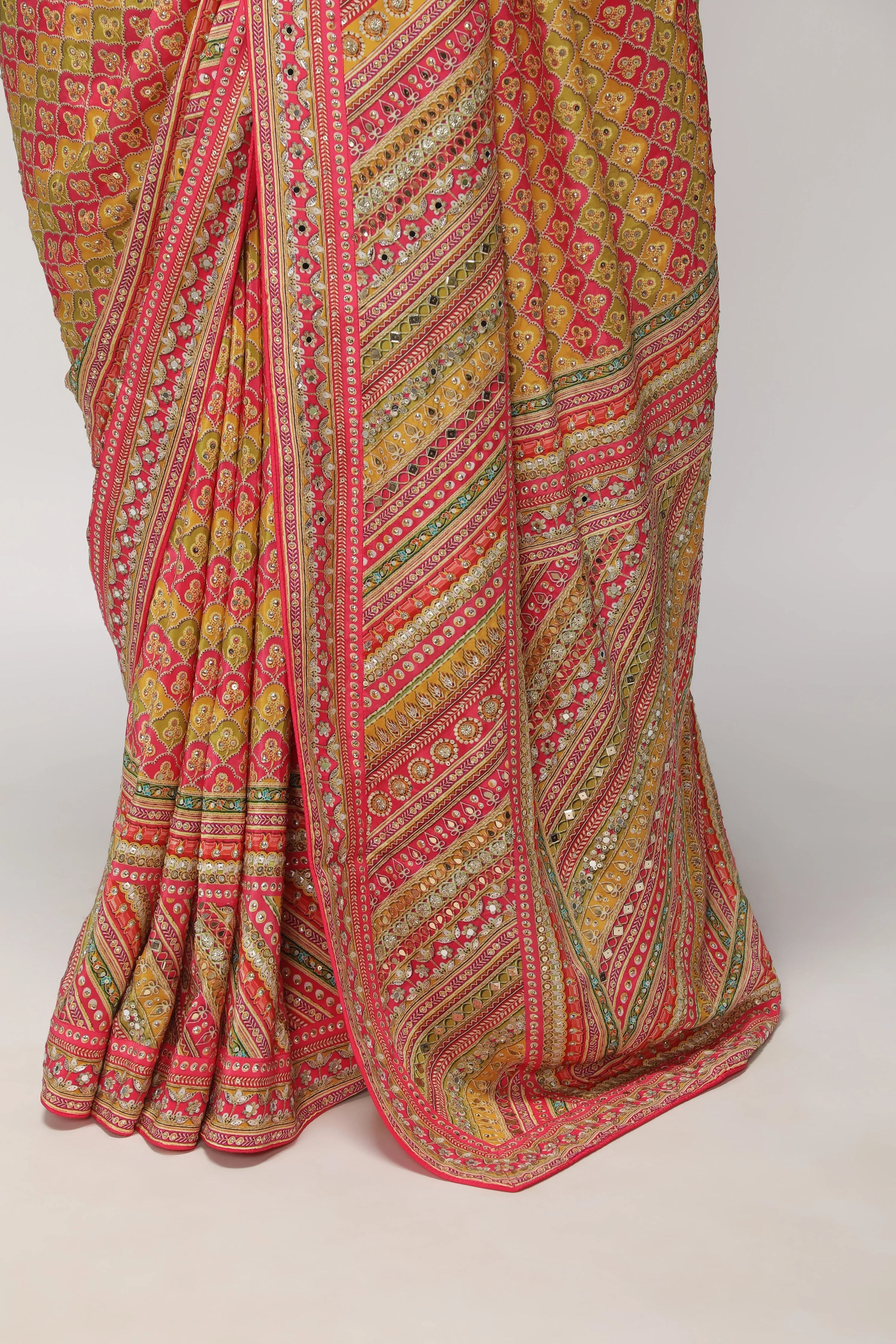 Multicolor Satin Silk Saree with All-Over Print & Sequin Embellishments - Mokshaa
