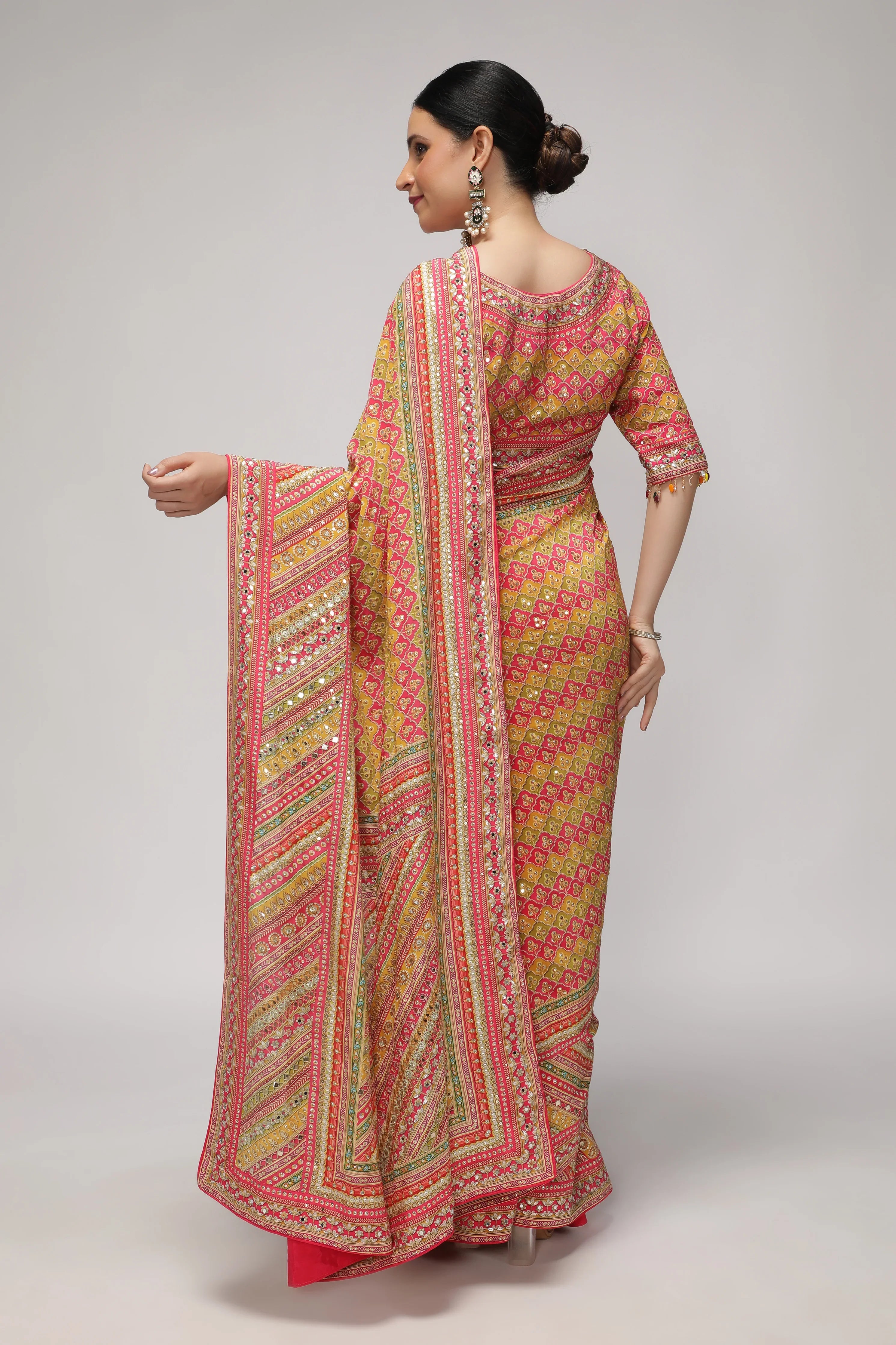 Multicolor Satin Silk Saree with All-Over Print & Sequin Embellishments - Mokshaa