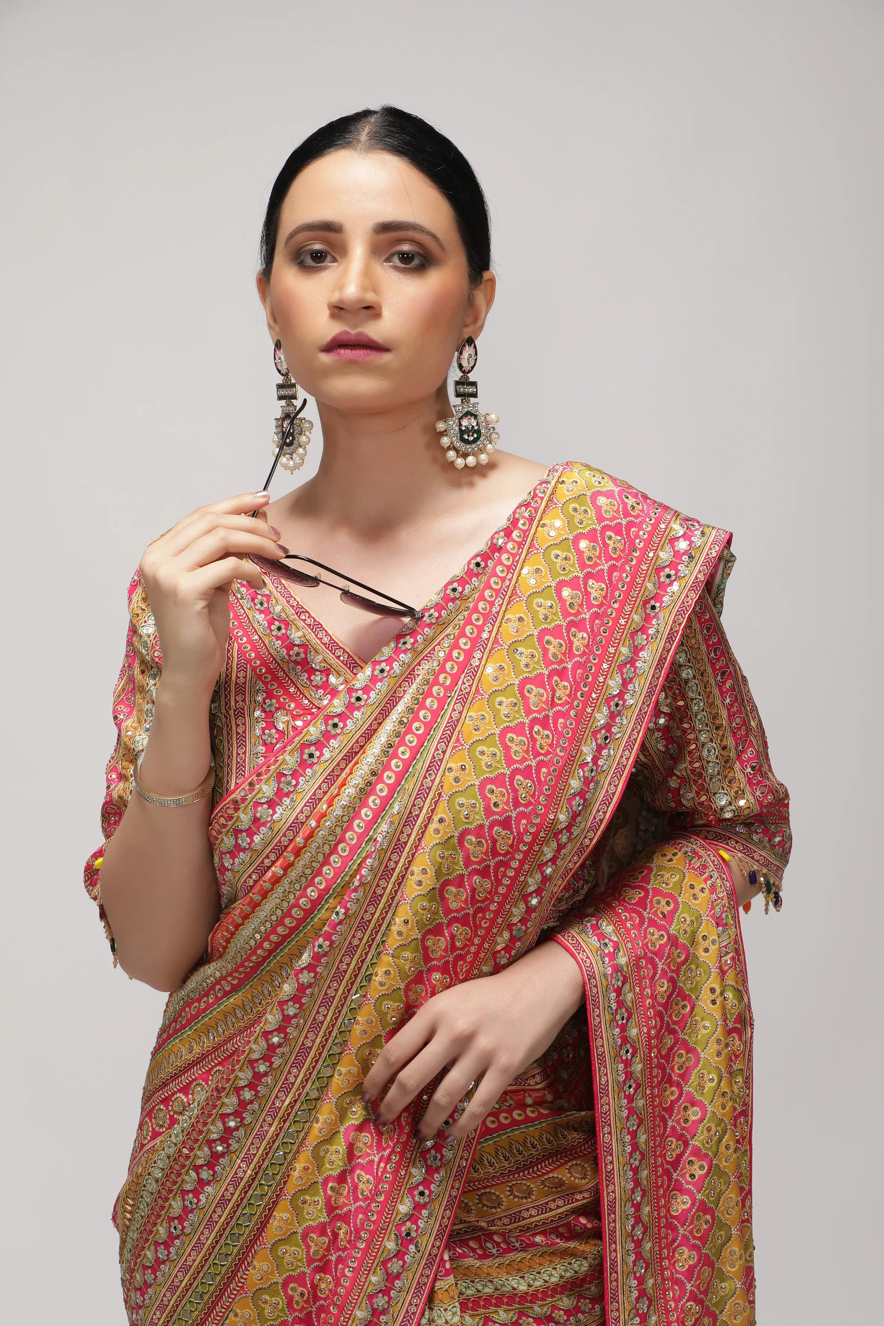 Multicolor Satin Silk Saree with All-Over Print, Sequin & Mirror Work - Mokshaa