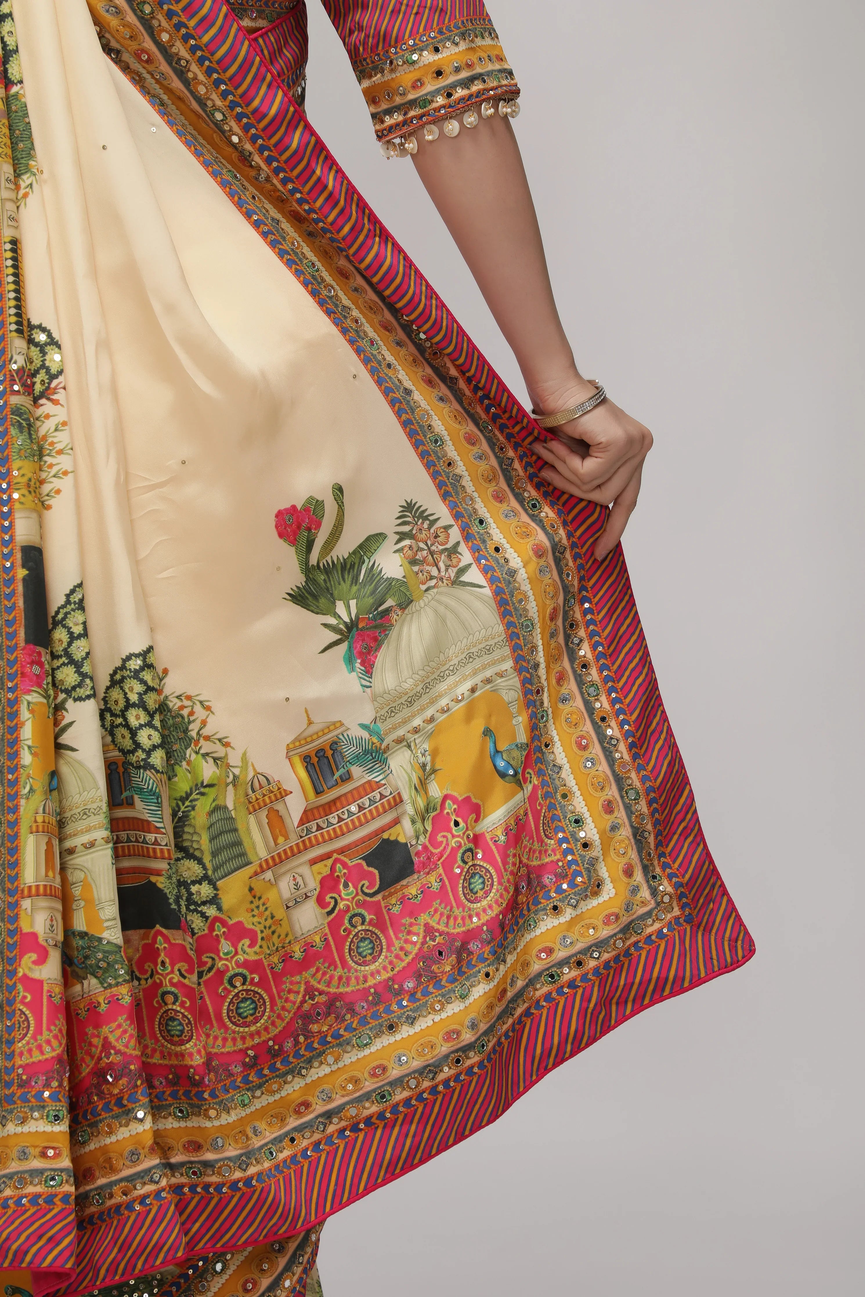 Cream Satin Silk Saree with Multicolor Printed Border - Mokshaa