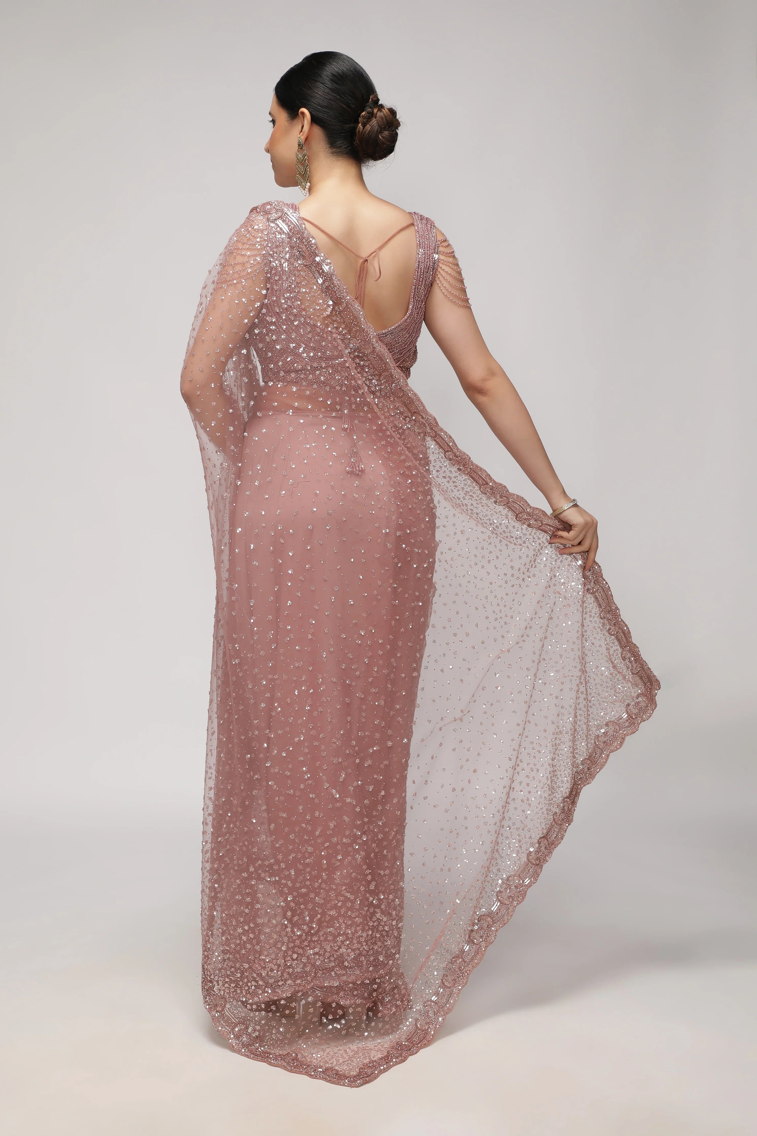 Dusty Rose Net Saree with All-Over Sequin & Pearl Scallop Border - Mokshaa