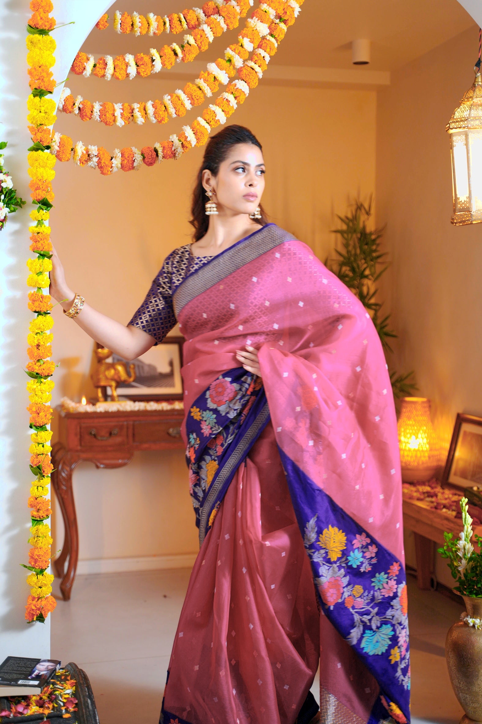Magenta Banarasi Kora Silk Saree