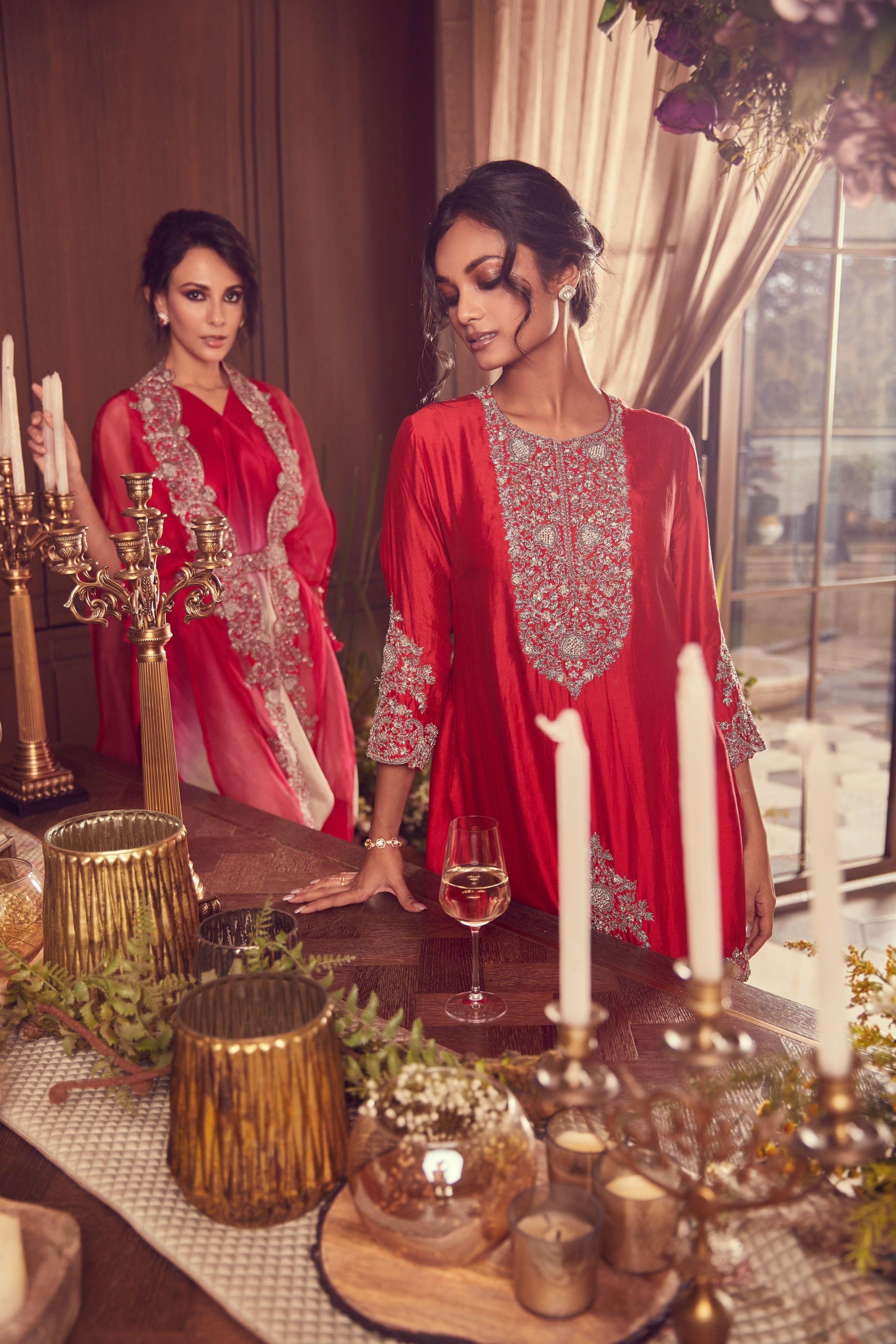 Ombre Handkerchief With Organza Cape And Cotton Satin Sharara - Mokshaa