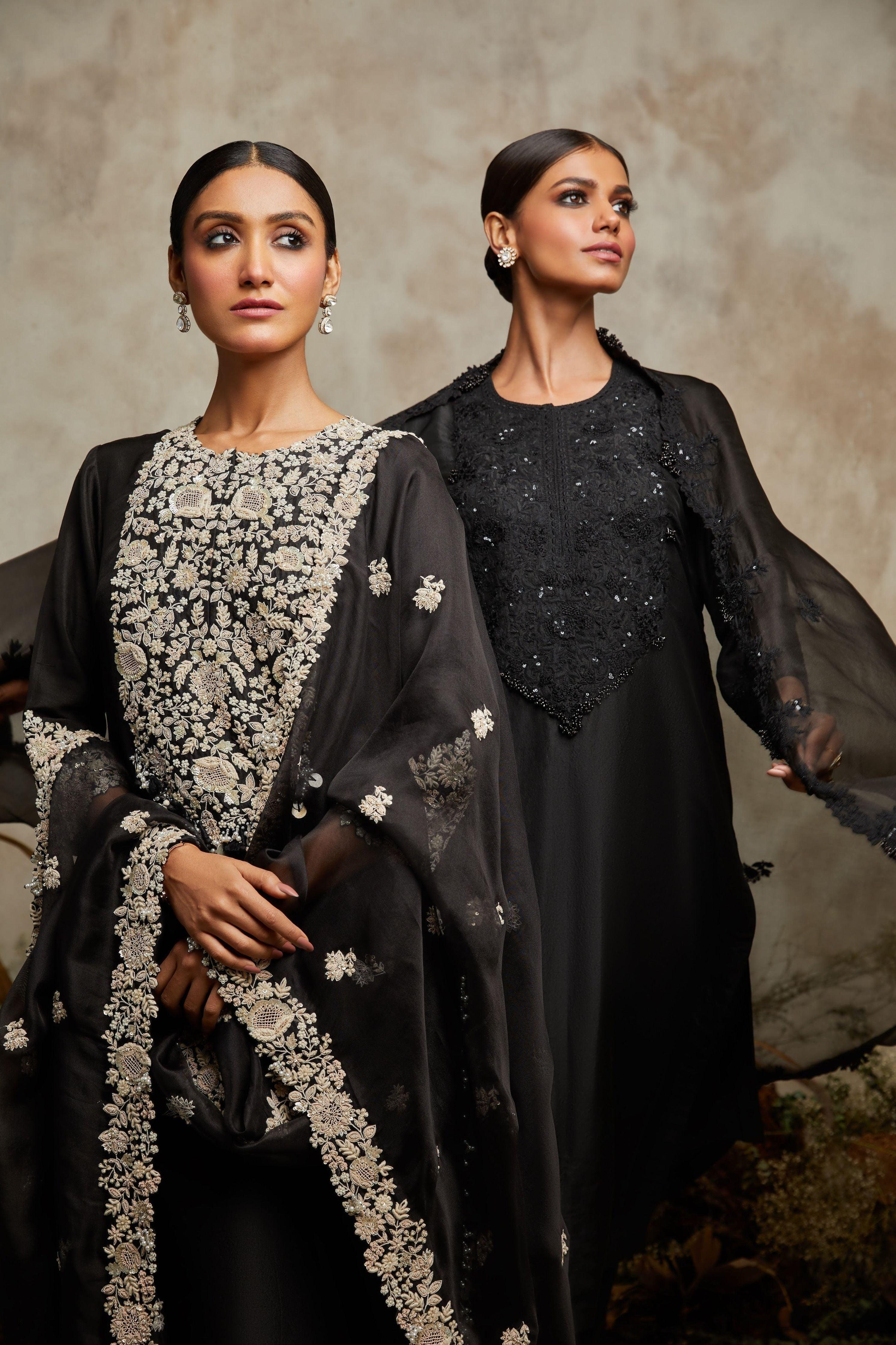 Black Silk Kurta With Organza Dupatta And Cotton Satin Pants - Mokshaa