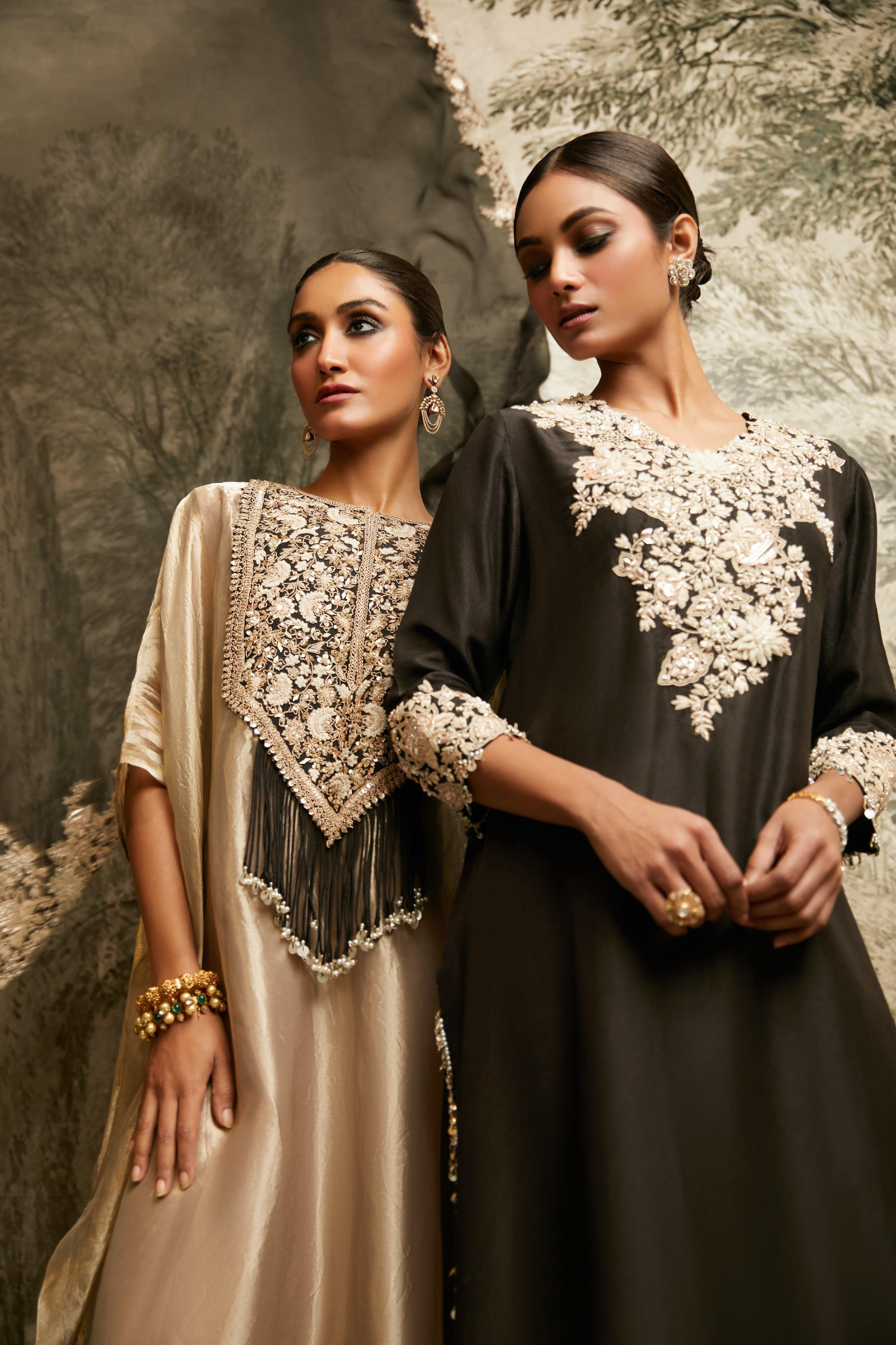 Champagne Dori Resham Tissue Kaftan - Mokshaa