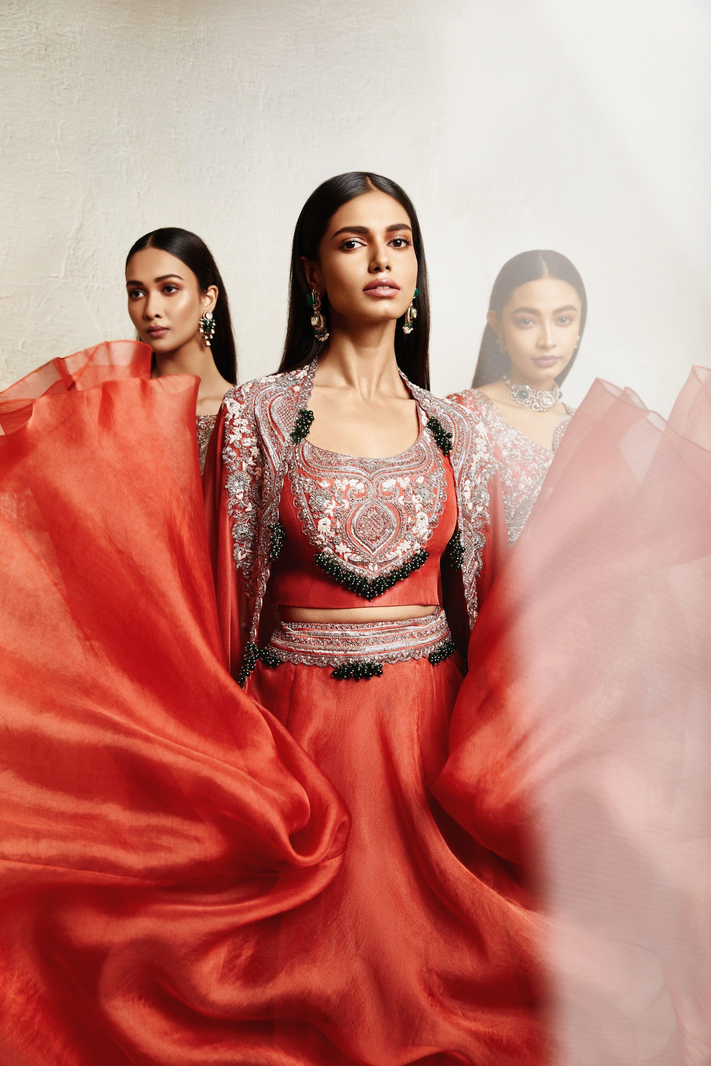 Deep Orange Blouse with Skirt and Cape - Mokshaa
