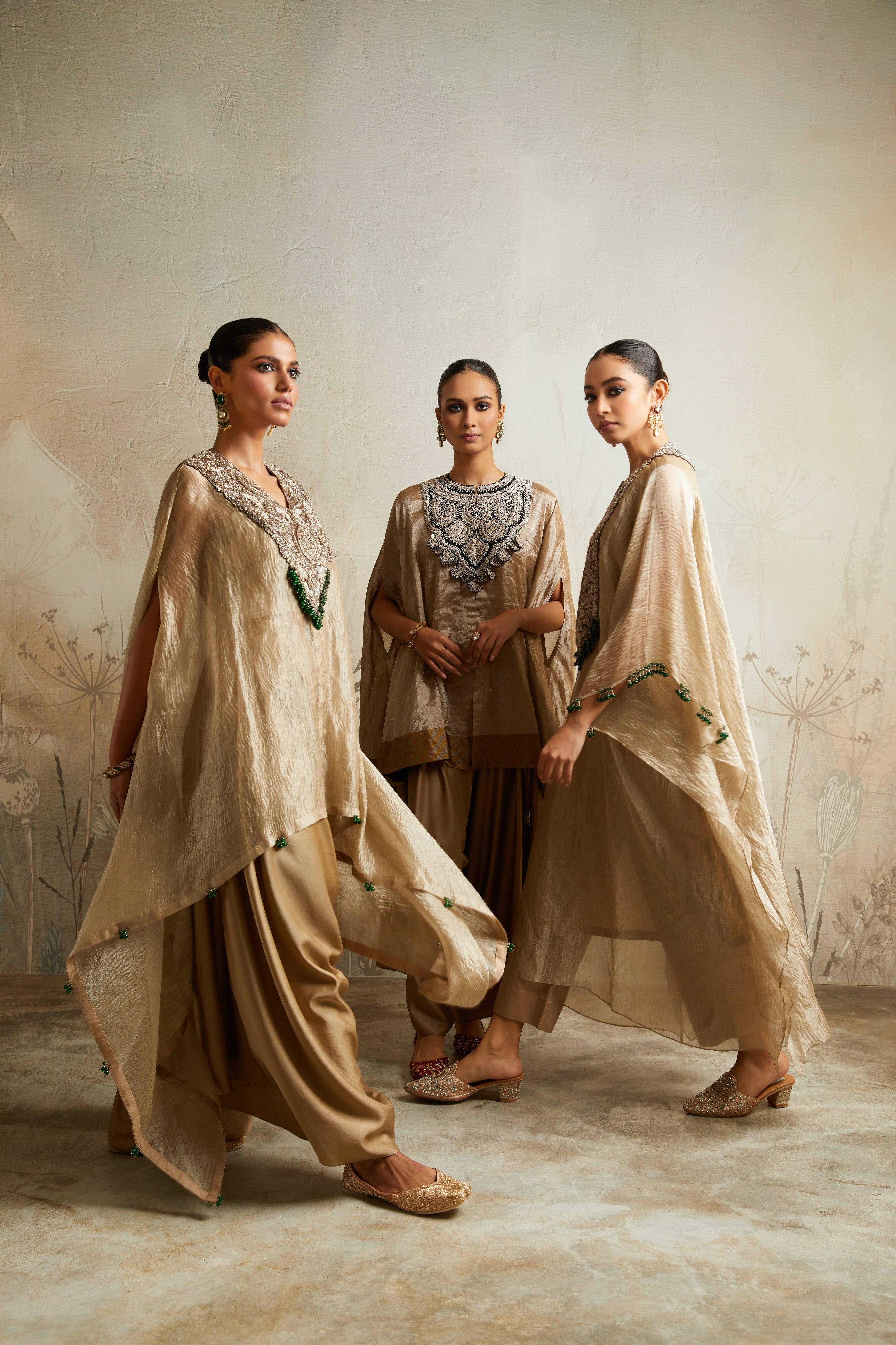 Champagne Kaftan with Bustier and Asymmetric Pants - Mokshaa