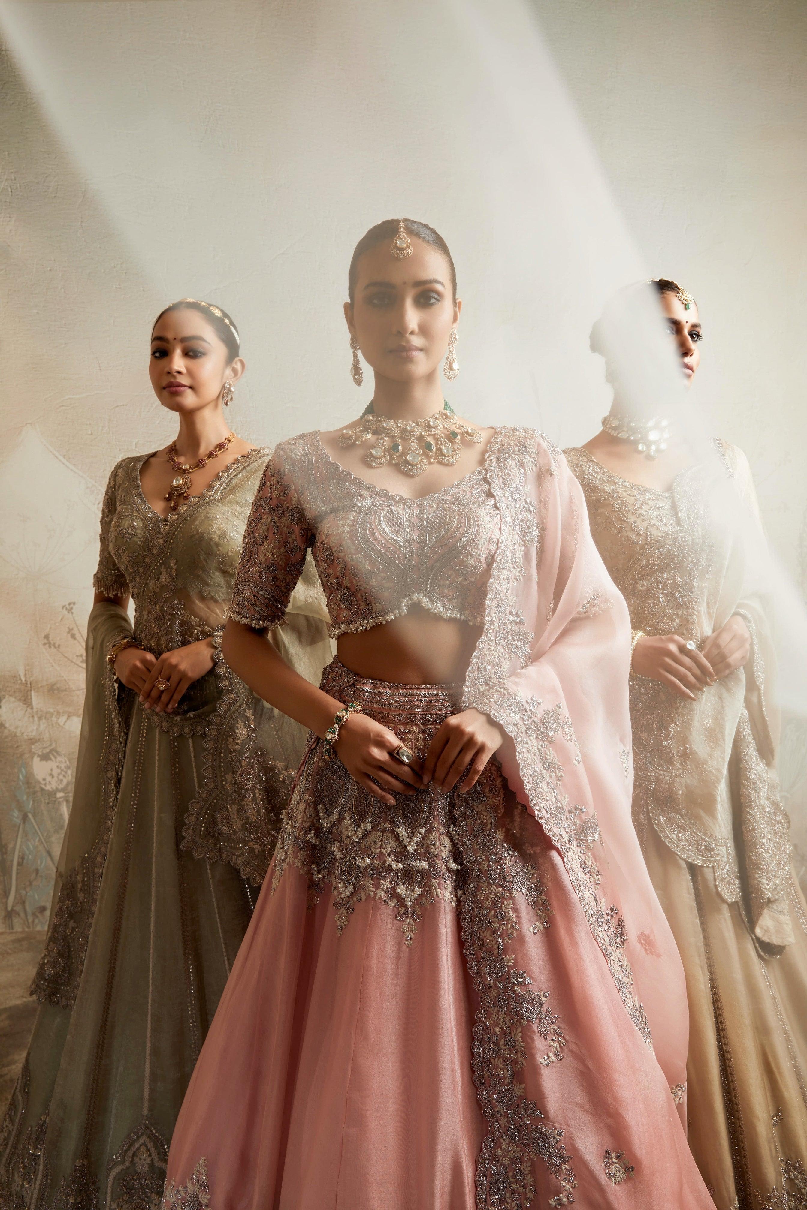 Beige Zardozi Embroidered Tissue Lehenga Set - Mokshaa