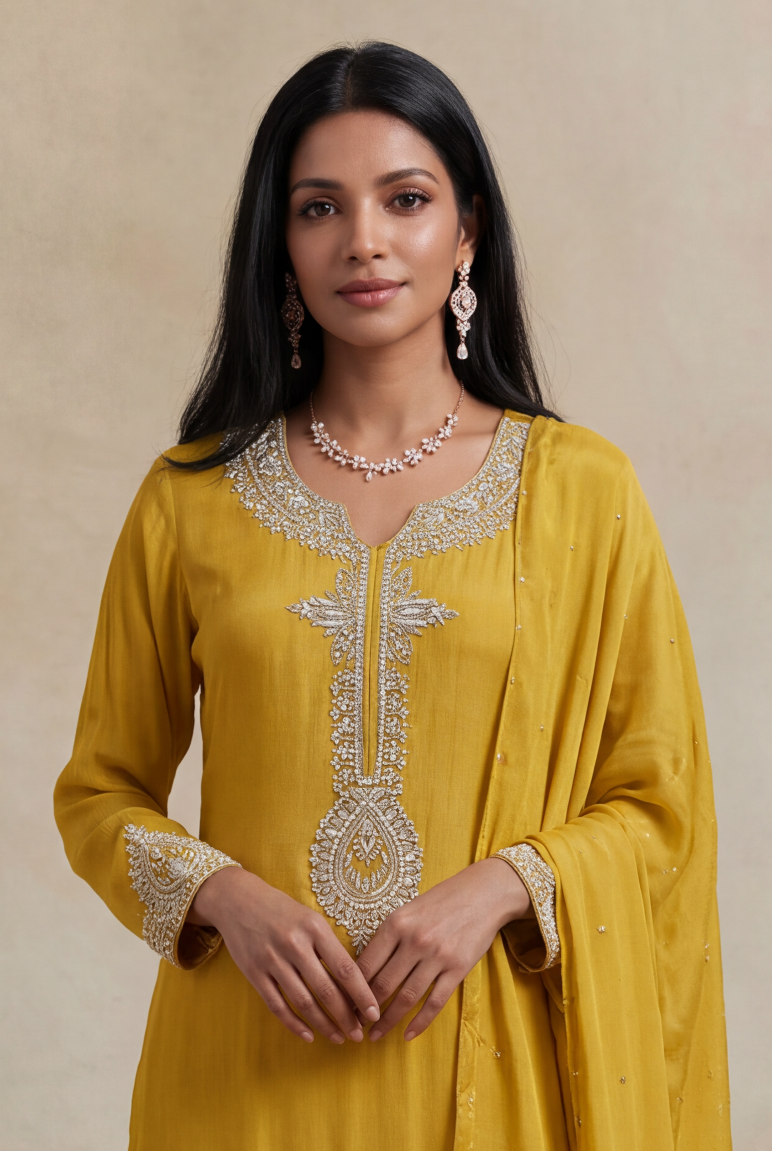 Mustard Yellow Crepe Embroidered Short Top Sharara Set