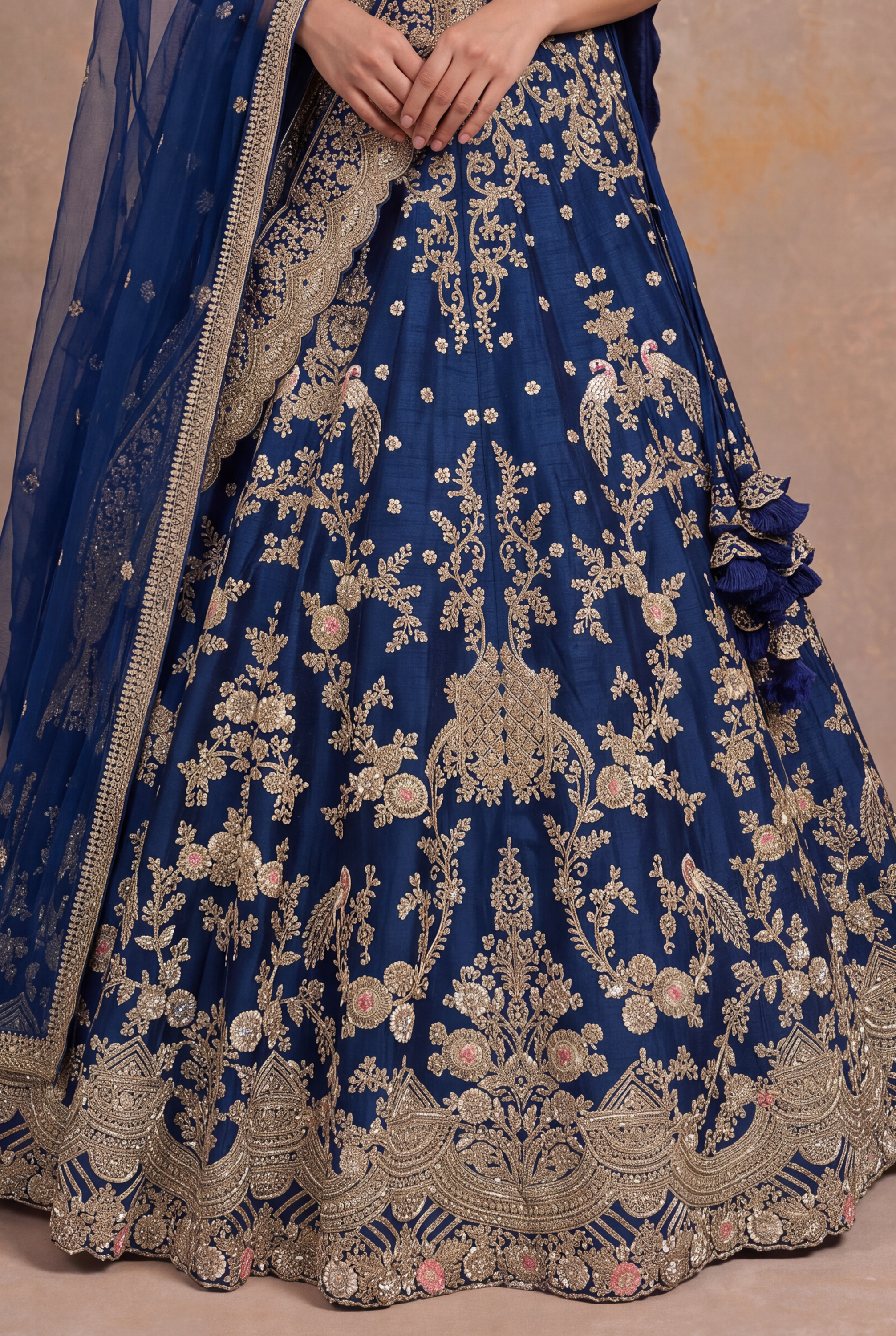 Royal Blue Silk Lehenga with Zardozi Peacock & Floral Embroidery