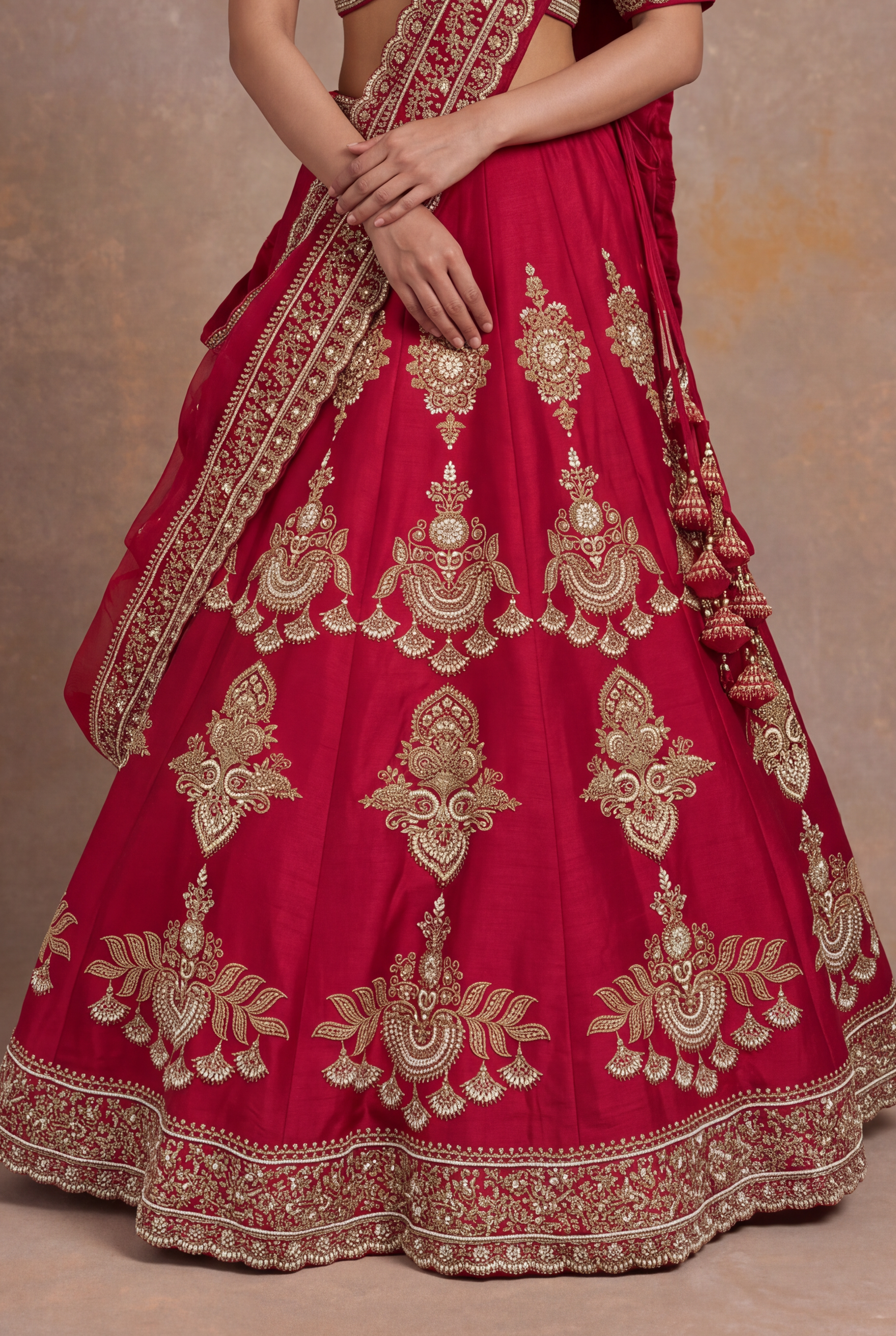 Red Raw Silk Bridal Lehenga with Antique Gold Zardozi Embroidery