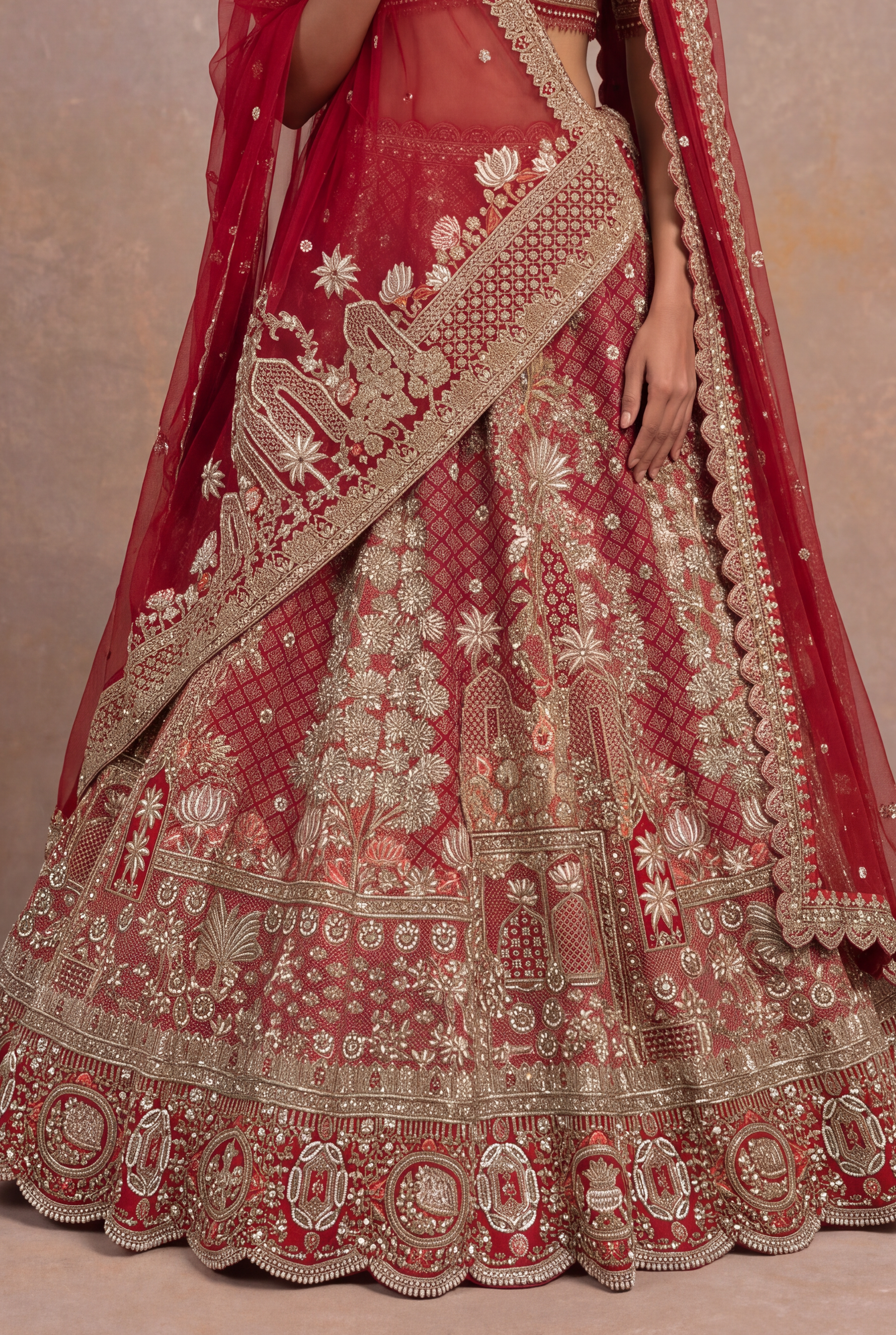 Red Silk Bridal Lehenga with Zardozi Jaal & Palace Motifs