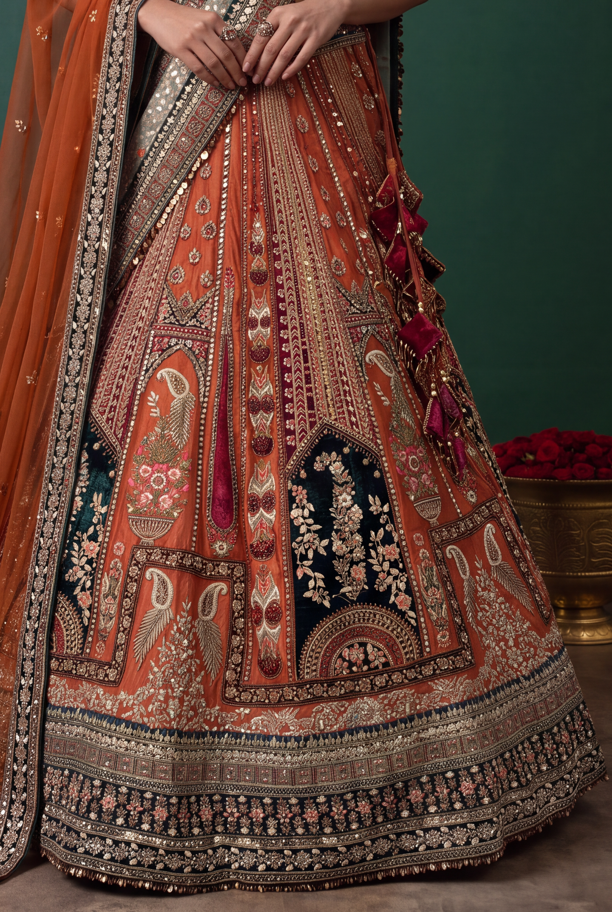 Rust Multicolour Silk & Velvet Lehenga with Zardozi Panel Work
