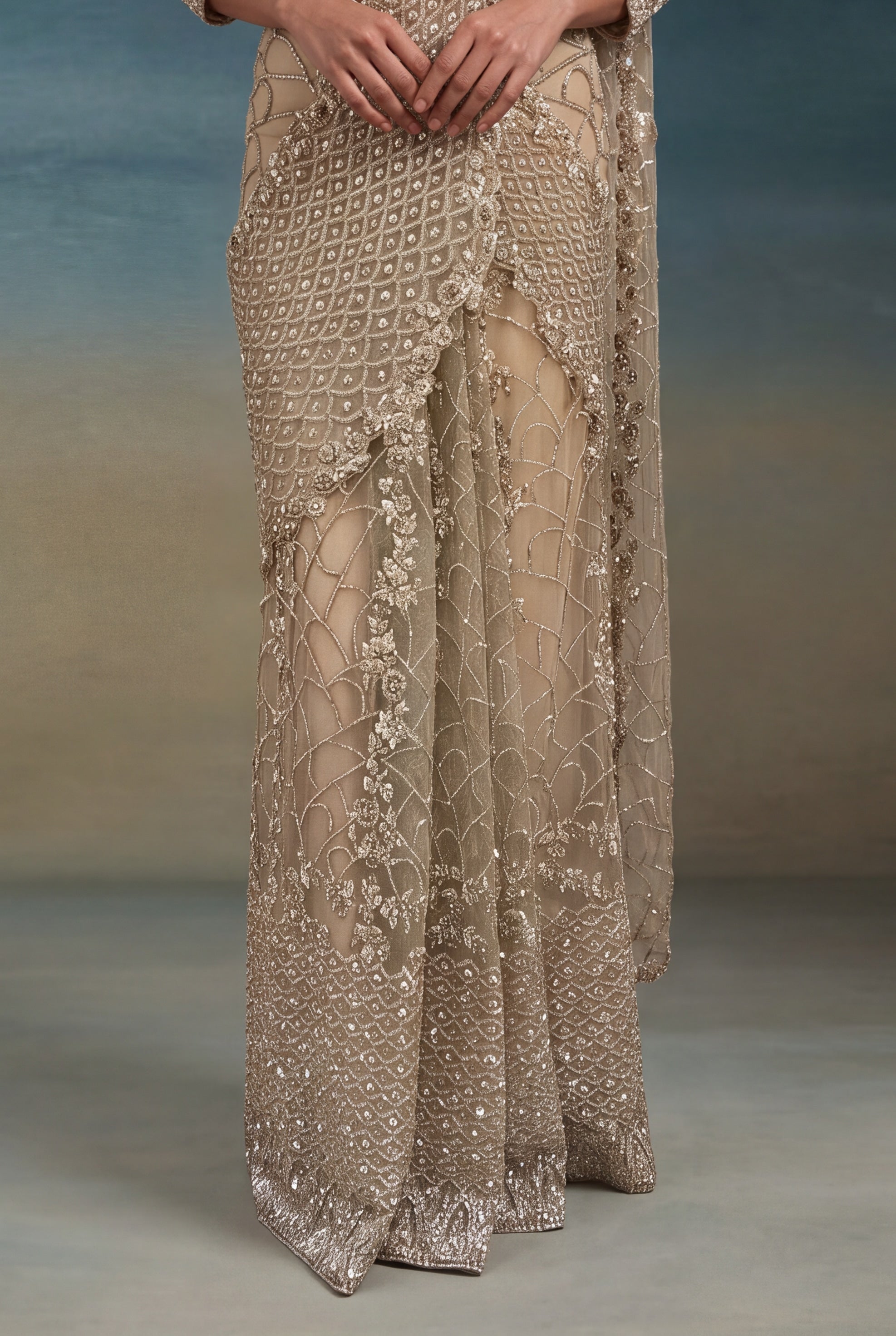 Gold Net Saree with Sequin & Kutdana Embroidery