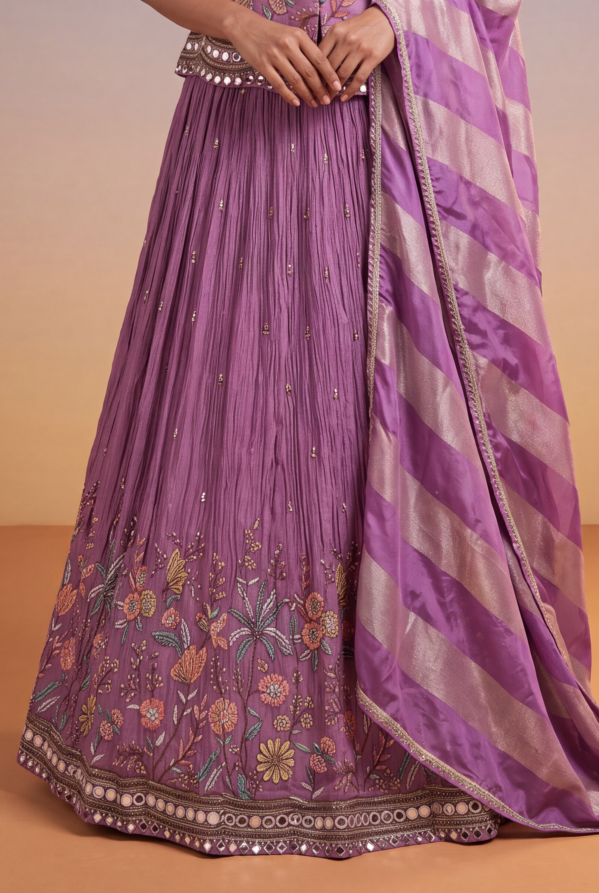 Mauve Crepe Lehenga with Floral Thread Embroidery & Mirror Work