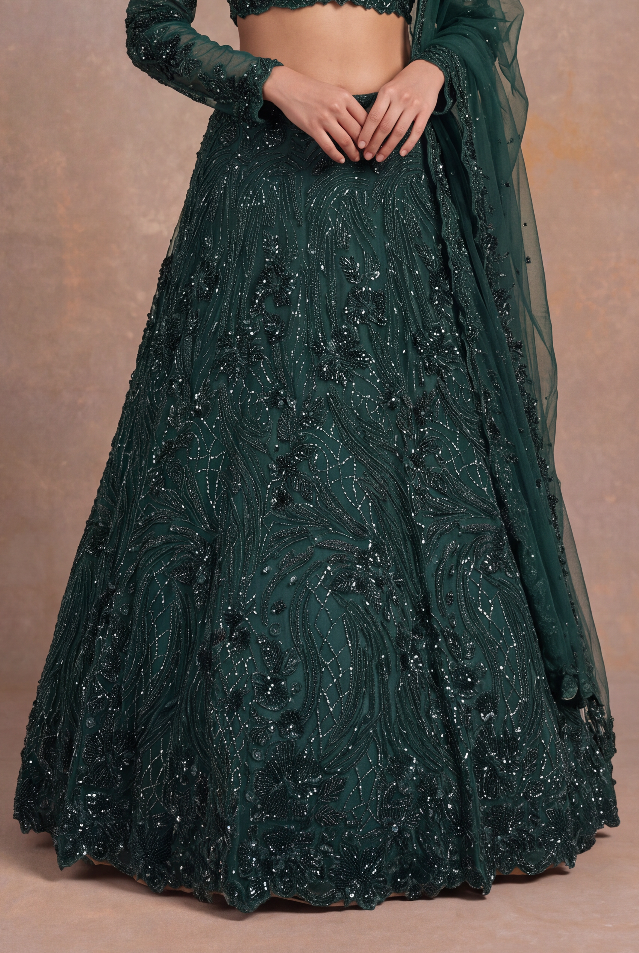 Emerald Green Net Lehenga with Sheer Sleeves and Swirling Bead Embroidery