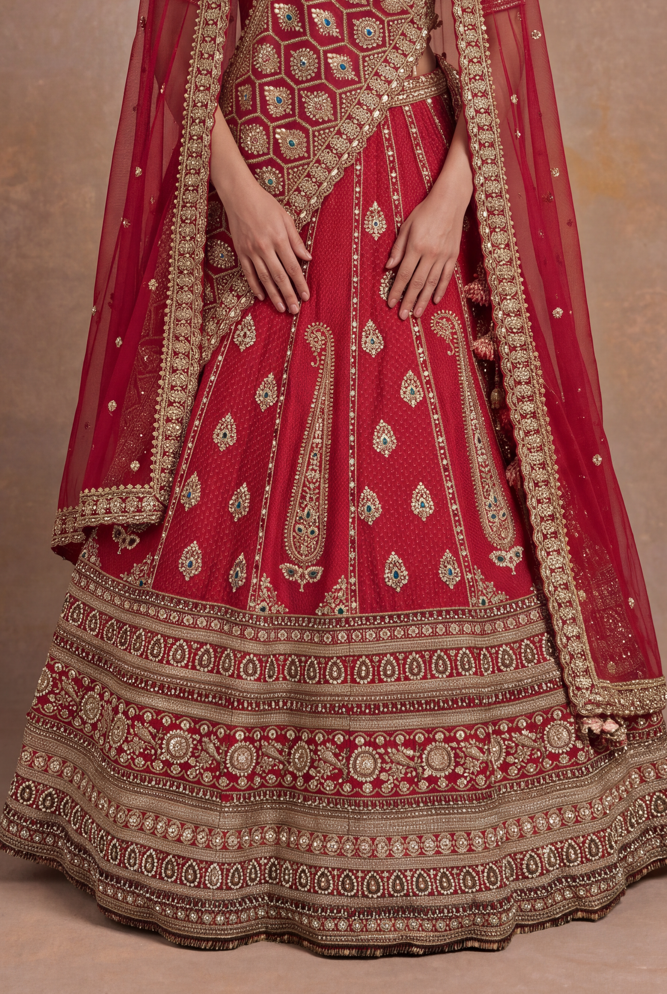 Red Silk Bridal Lehenga with Multicolour Stone & Zardozi Border