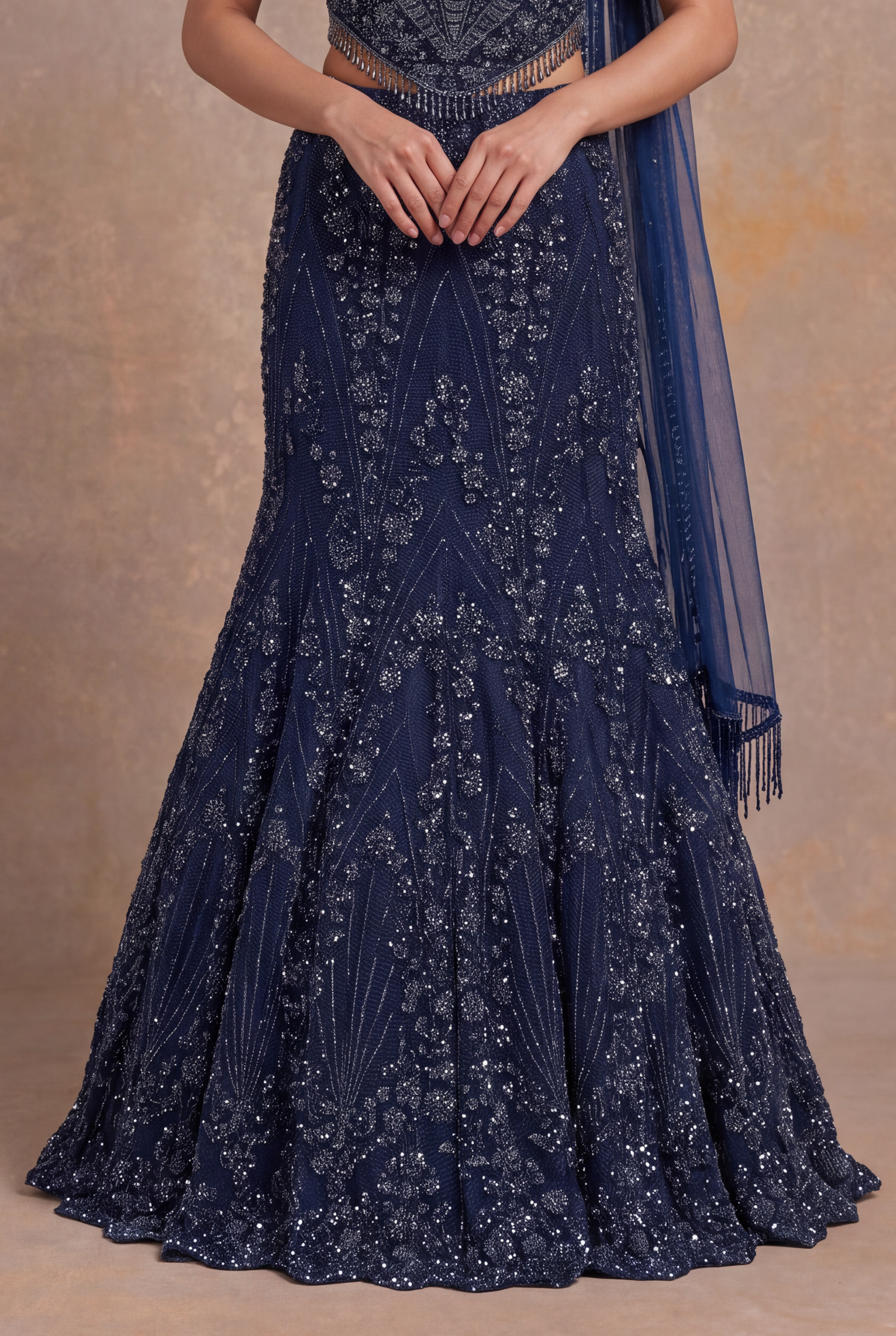 Navy Blue Net Lehenga with Corset Blouse and One-Shoulder Drape