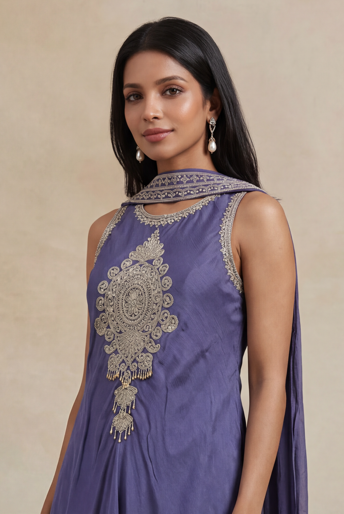 Slate Violet Chinon Katdana & Sequin Indo Western Set - Mokshaa