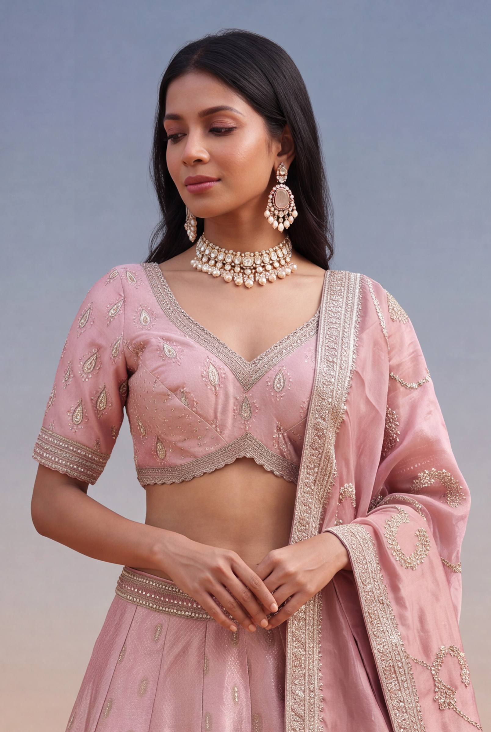 Dusty Pink Banarasi Silk Lehenga with Kutdana & Pearl Embroidery