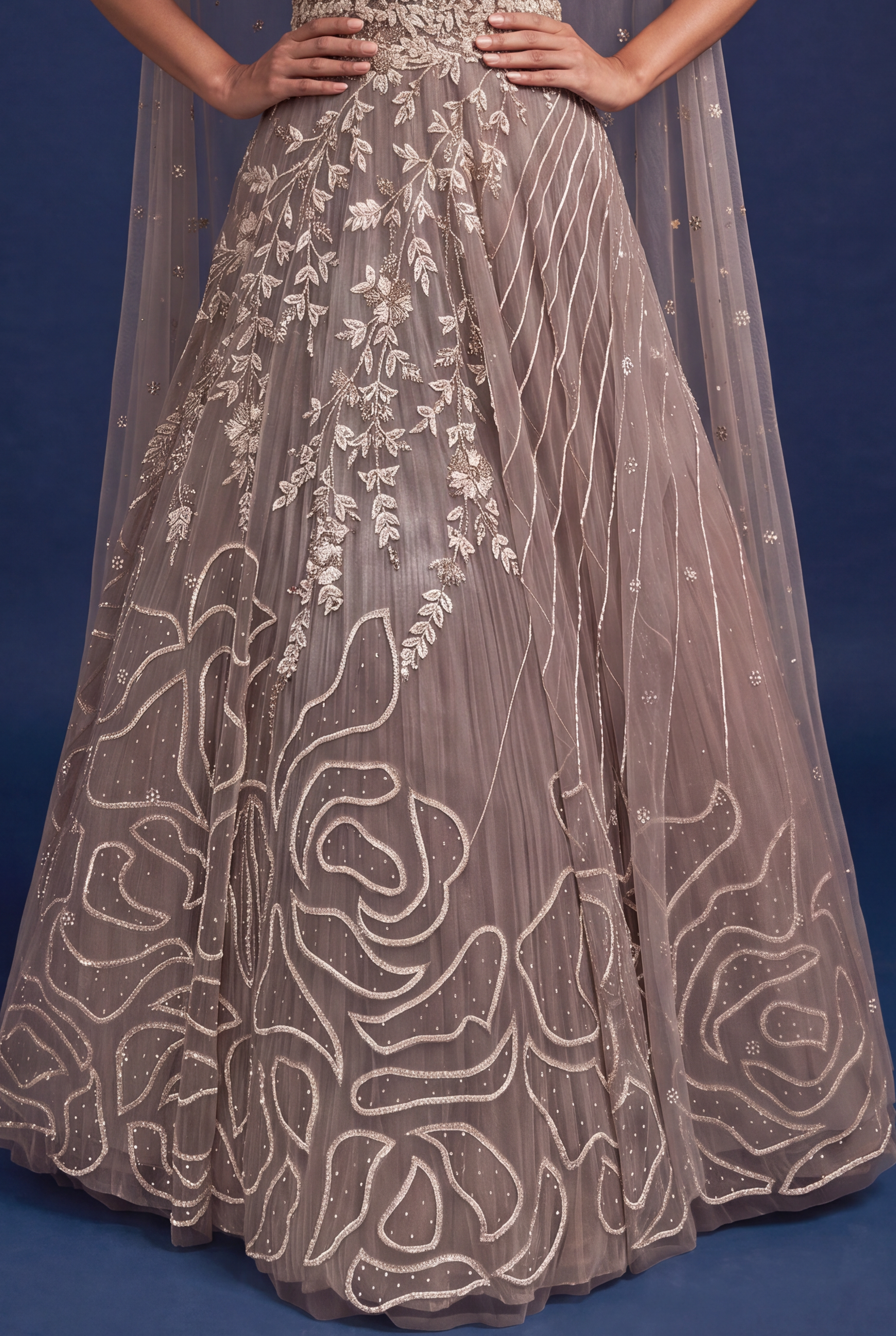 Mauve Net Gown with Cape Sleeve Drape and Rose Embroidery
