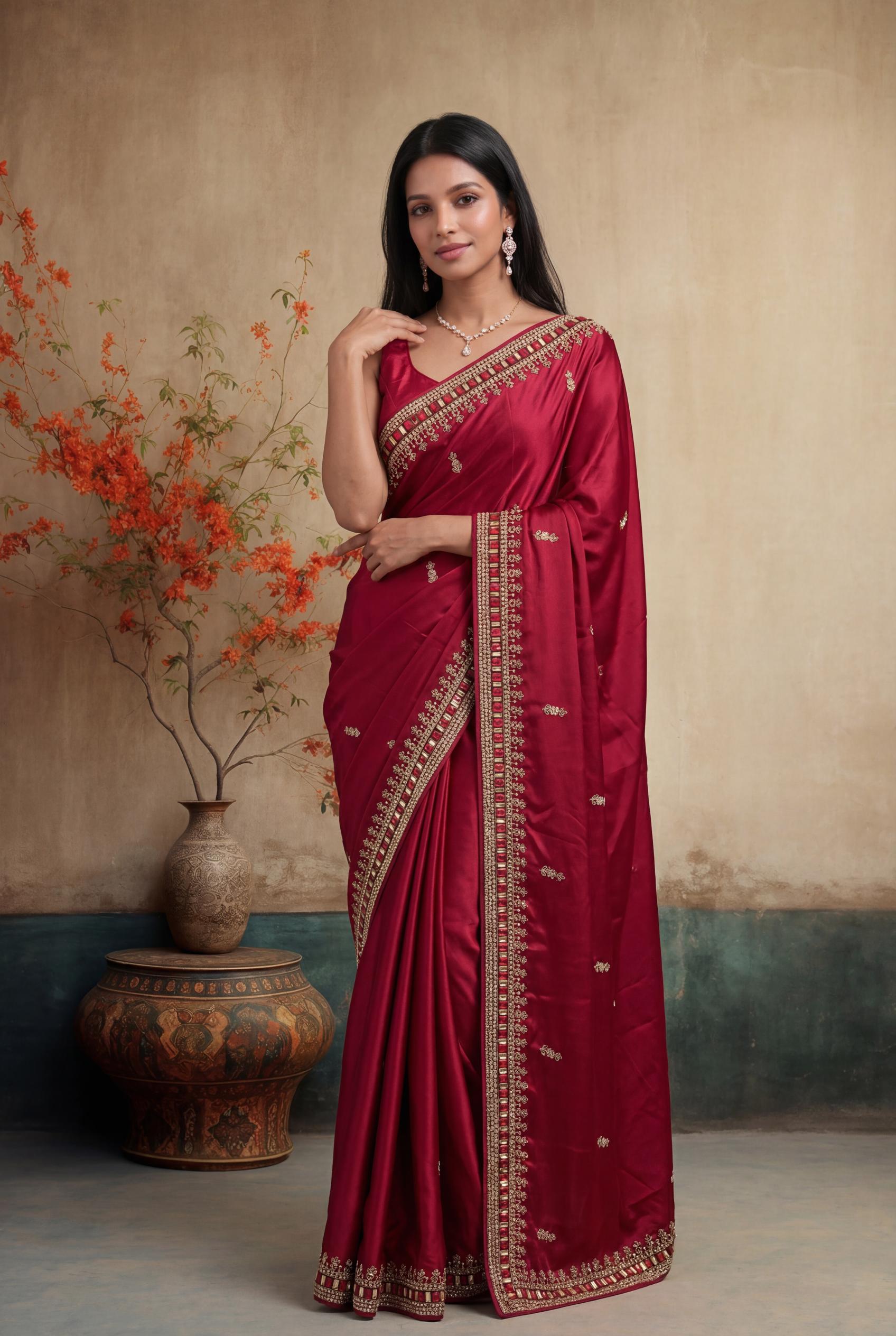 Marronish Red Satin Saree