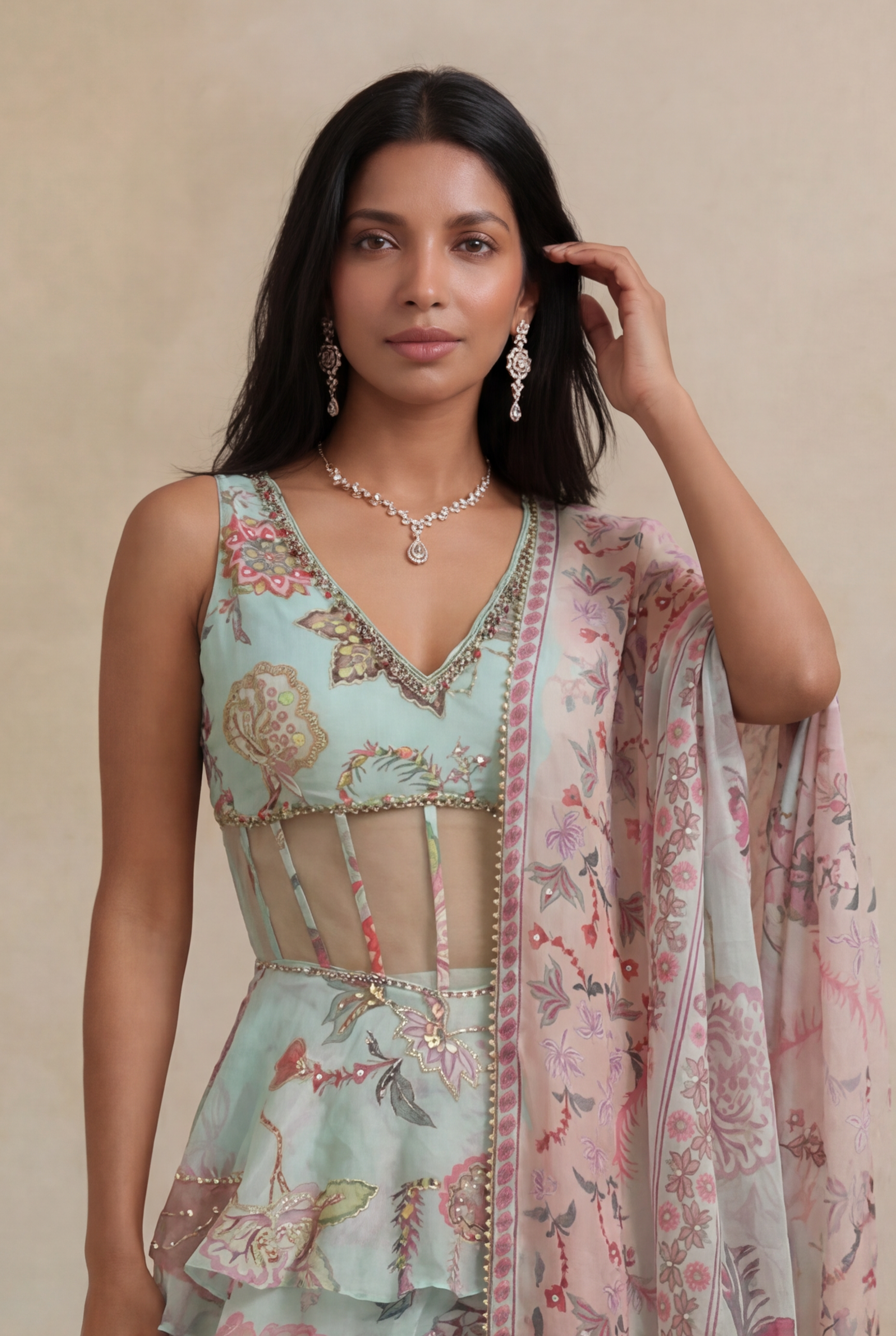 Pastel Mint Organza Printed Indo-Western Skirt Set