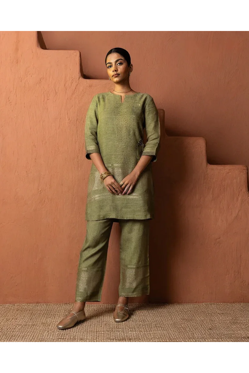 Olive Green Linen Co-ord Set with Metallic Details - Mokshaa