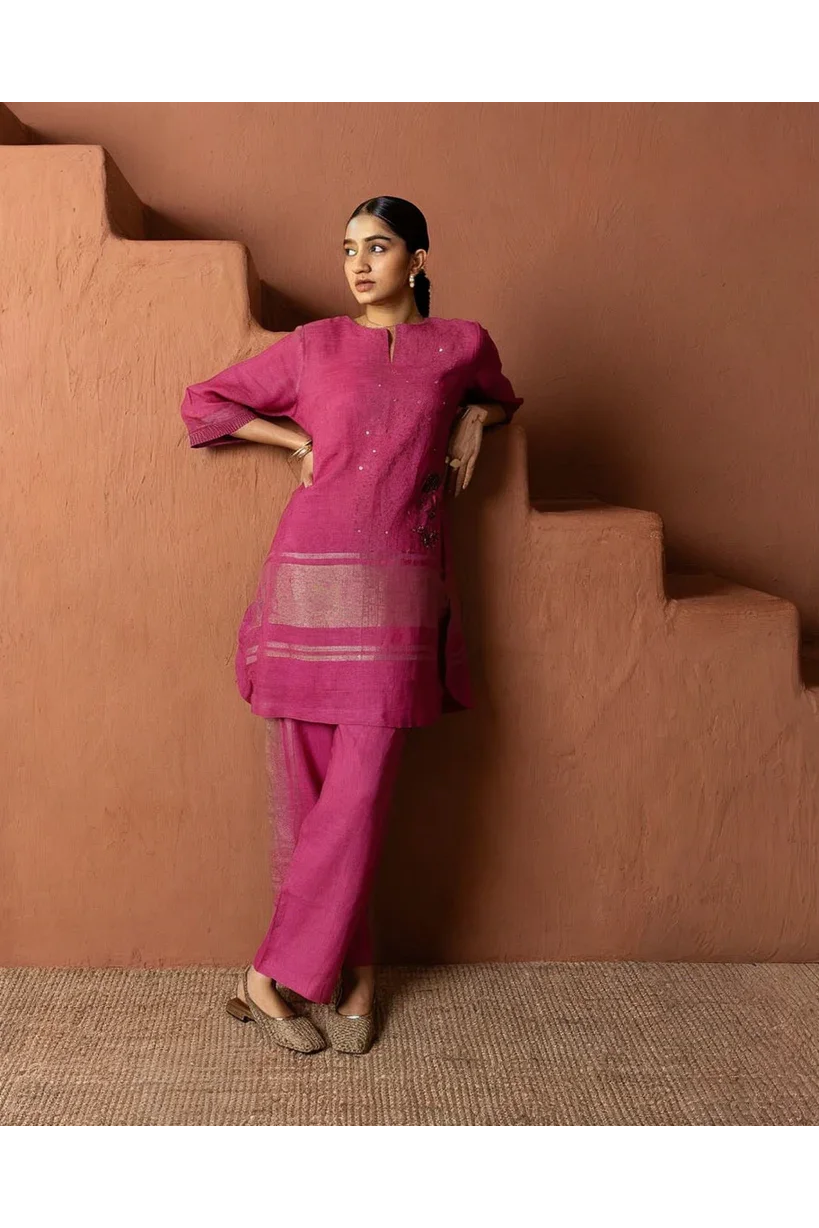 Hot Pink Linen Co-ord Set with Sequins and Metallic Accents - Mokshaa