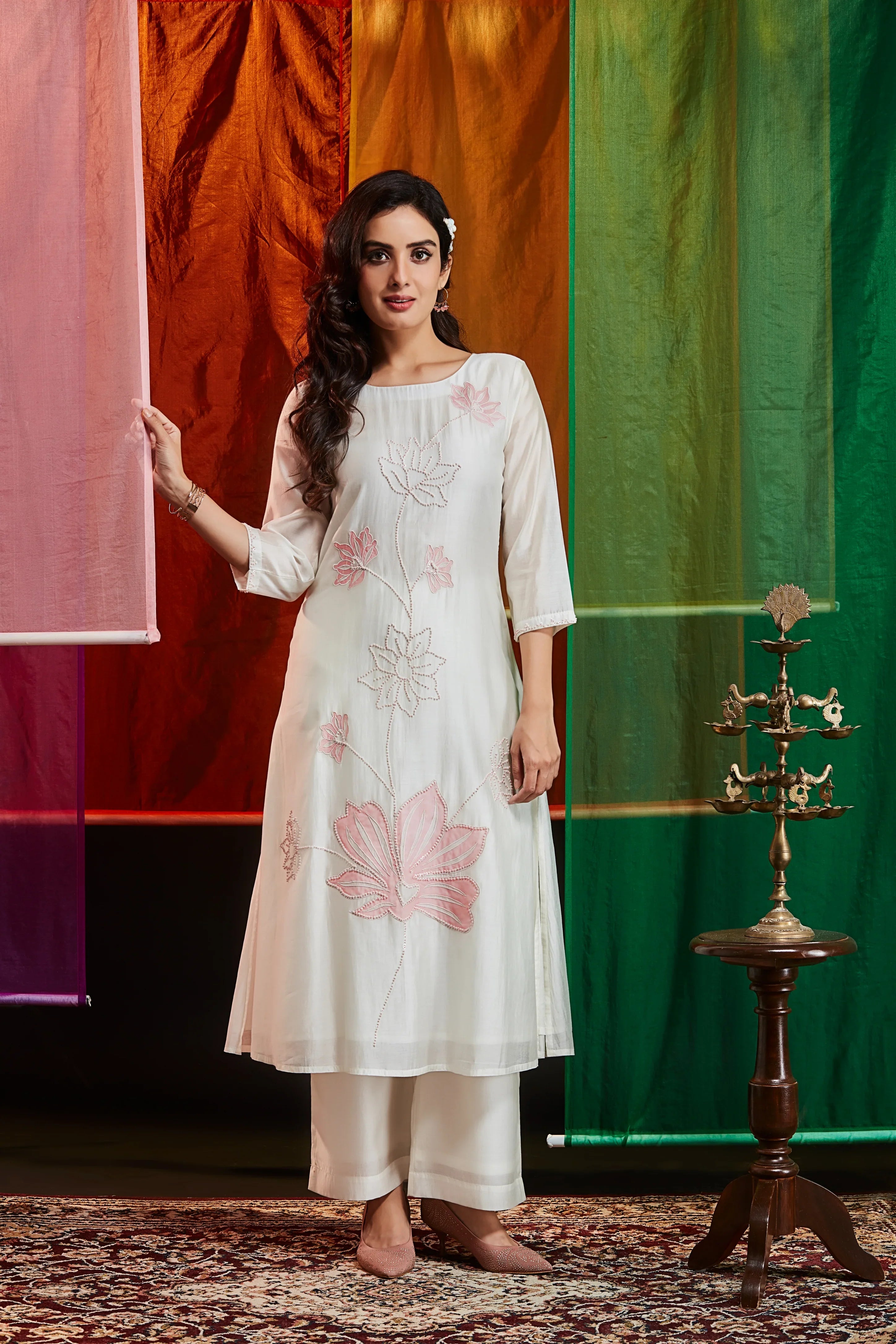 White Silk Kurta Set with Lotus Embroidery - Mokshaa