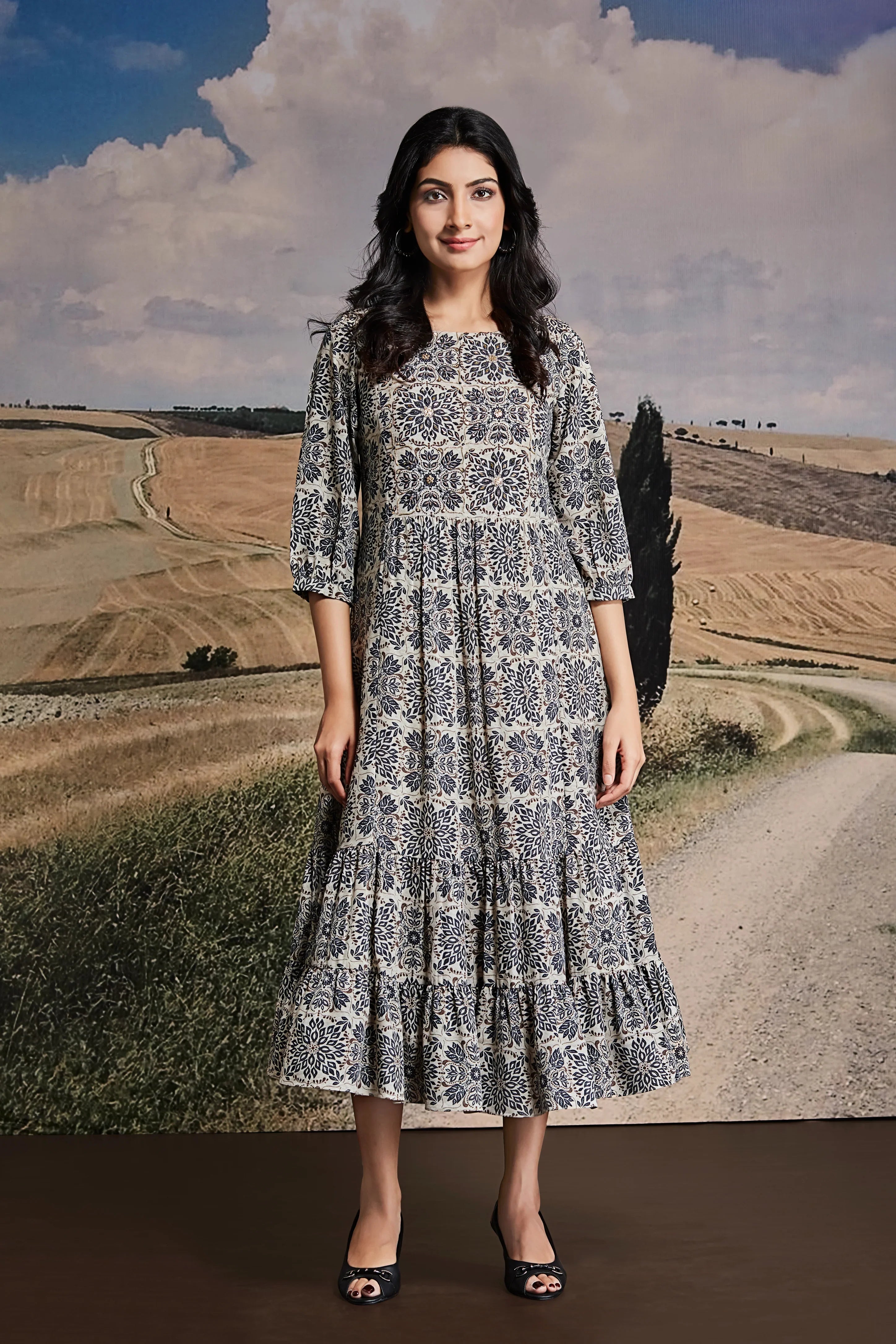 Indigo Block Print Crepe Midi Dress with Tiered Hem - Mokshaa