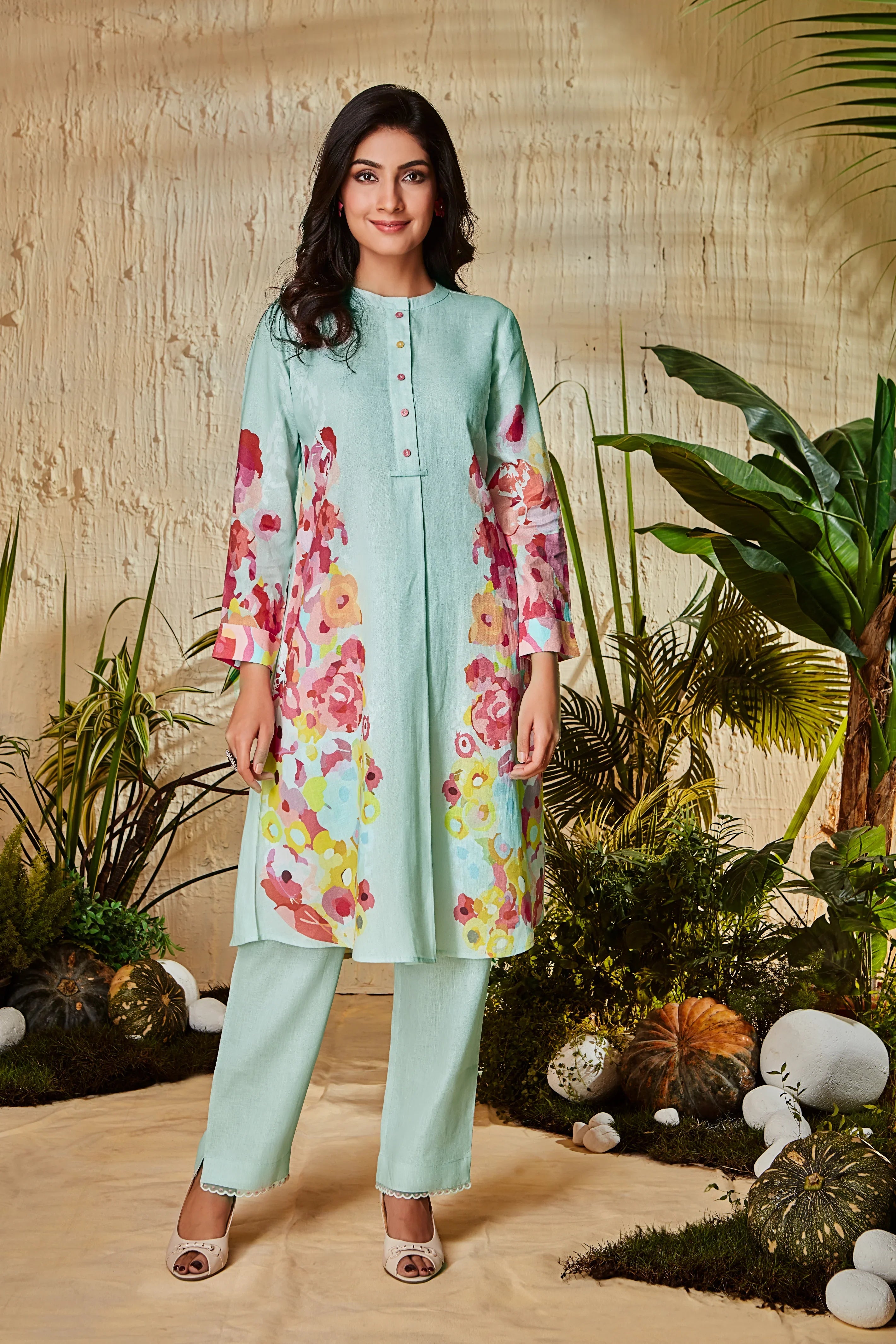 Light Blue Floral Printed Kurta - Mokshaa