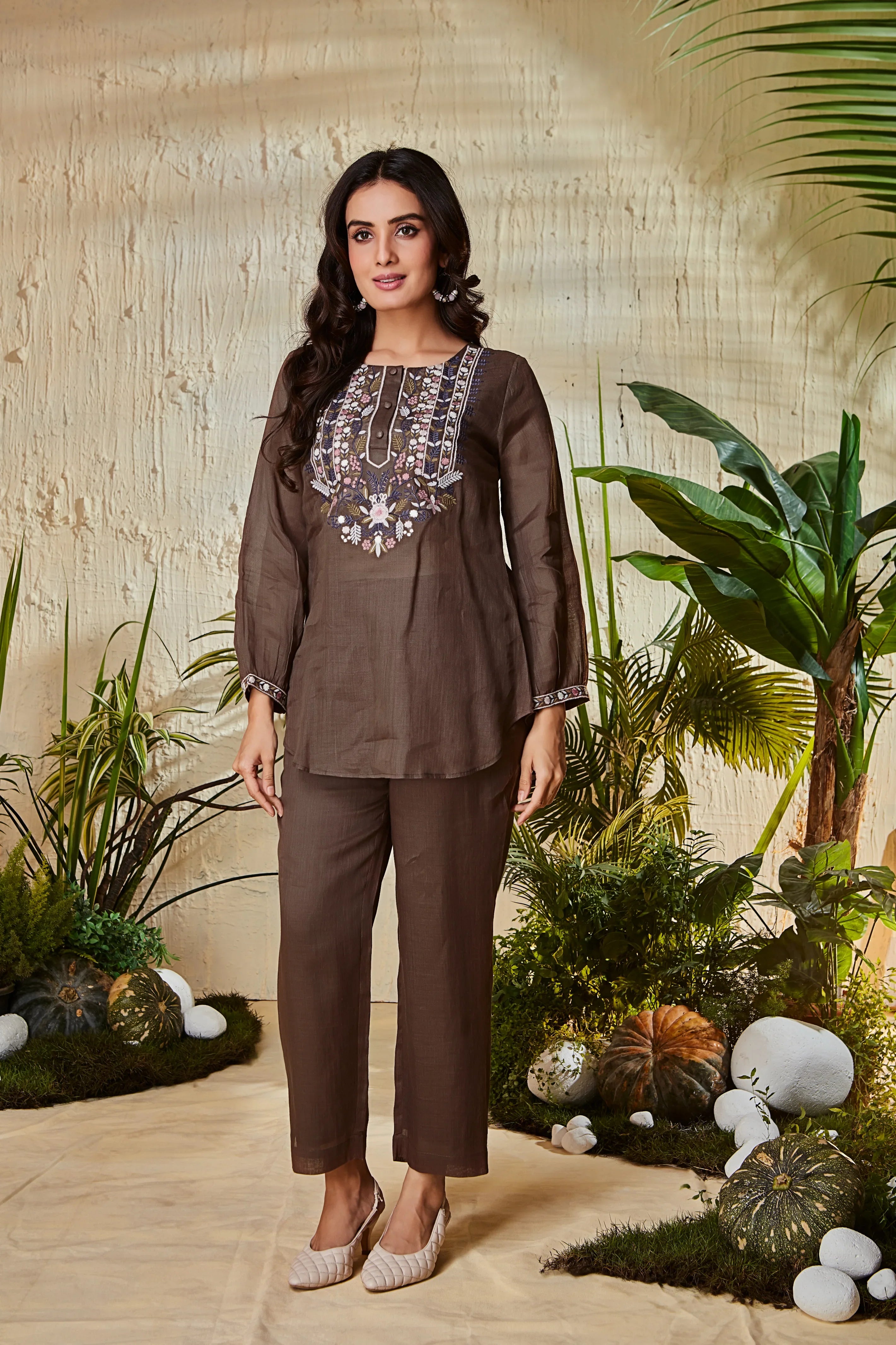 Espresso Brown Linen Co-ord Set with Ornate Yoke Embroidery - Mokshaa