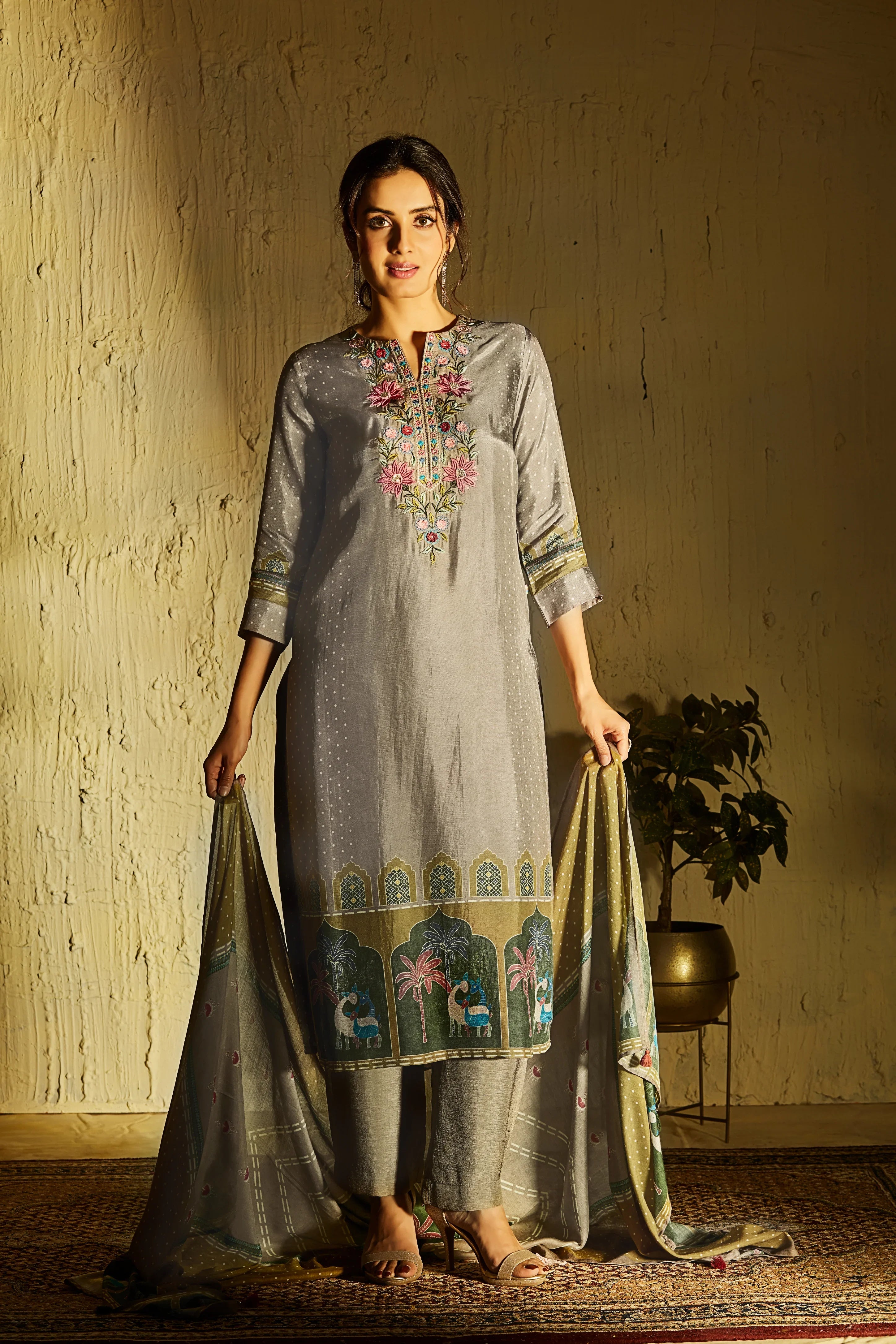 Smoke Grey Crepe Suit Set with Embroidered Neckline and Borders - Mokshaa