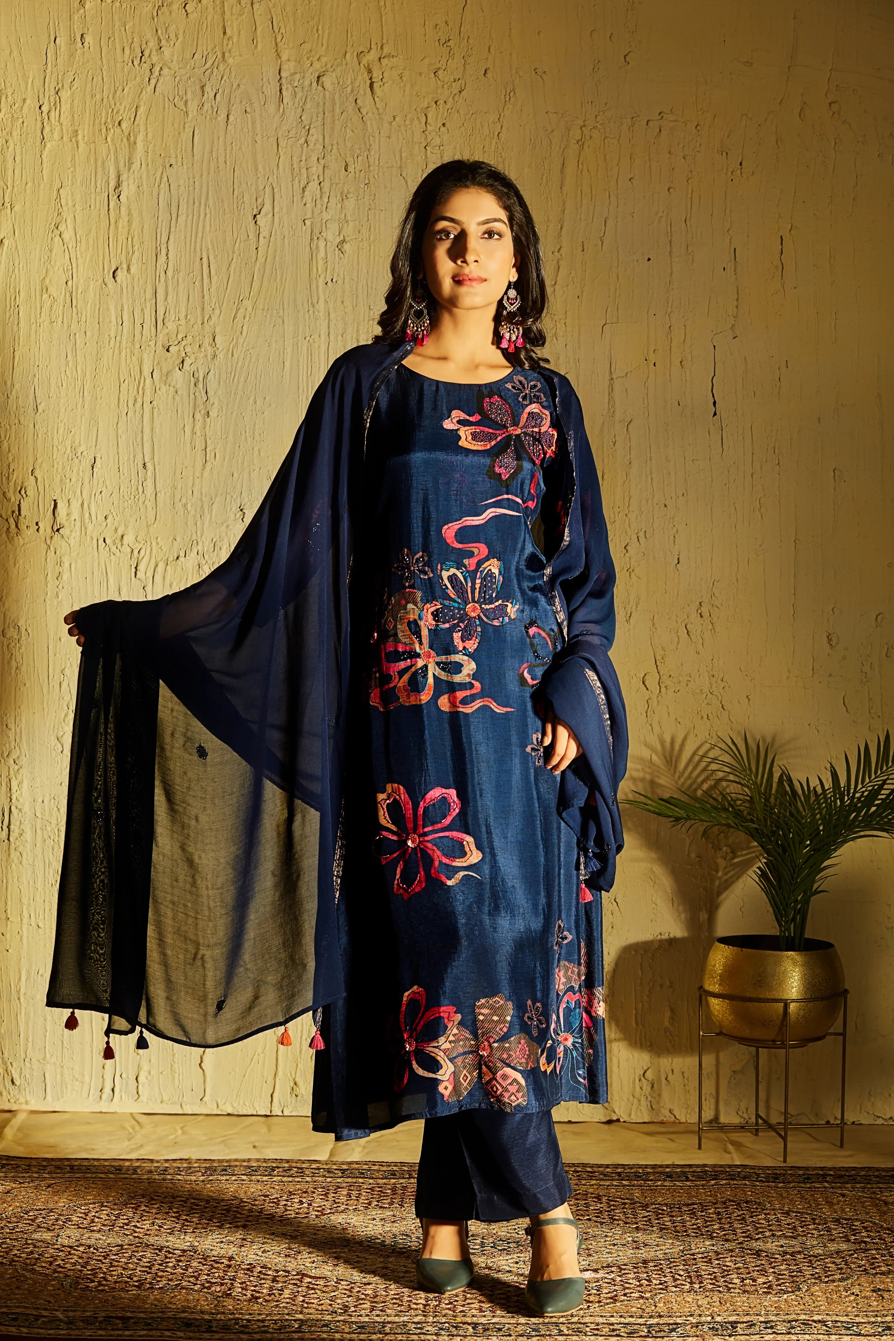 Midnight Blue Crepe Suit Set with Abstract Floral Print - Mokshaa