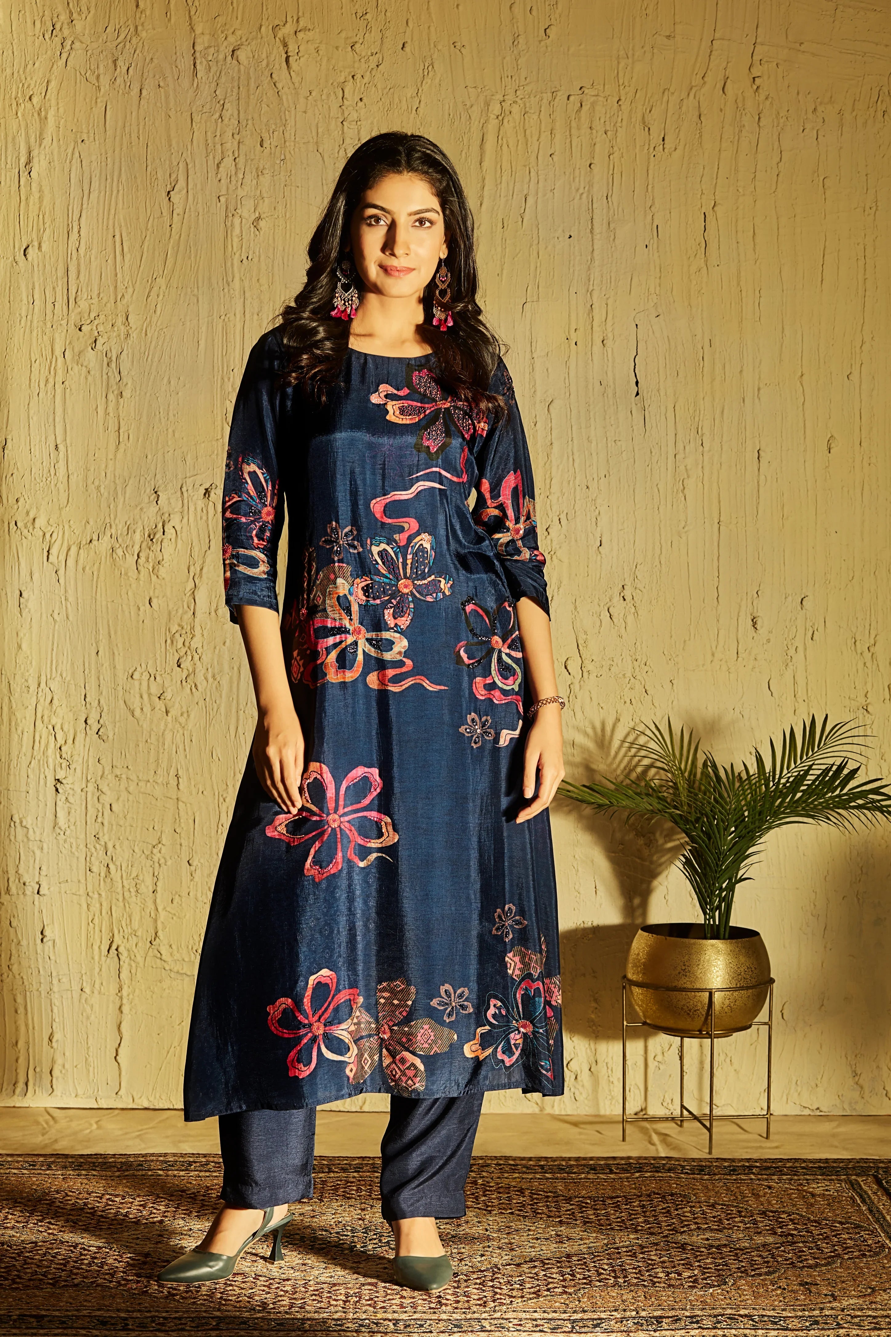 Midnight Blue Crepe Suit Set with Abstract Floral Print - Mokshaa